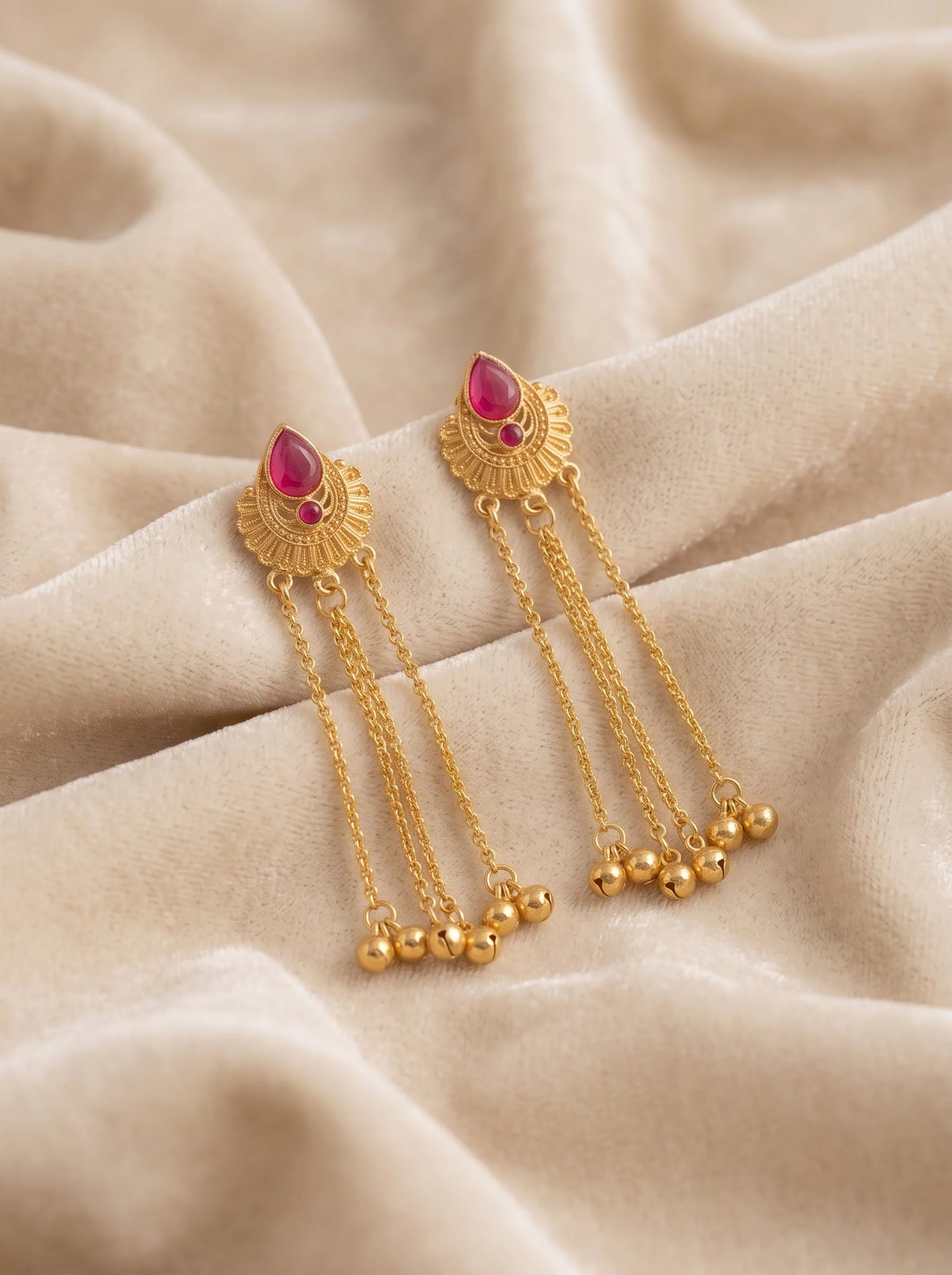 Pink Ghungroo Chain Drop Earrings - Image 3