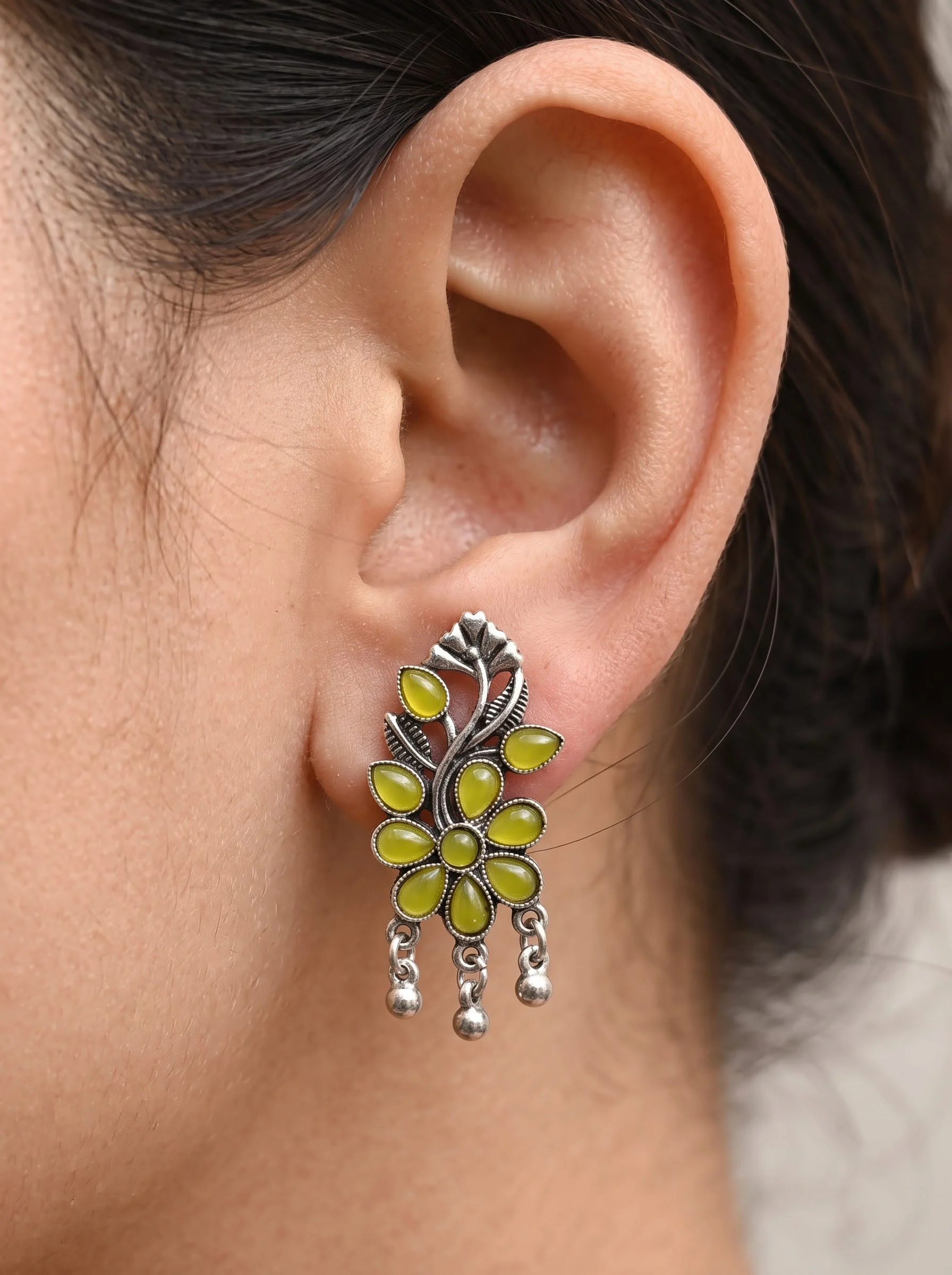 Yellow Floral Oxidised Drop Earrings - Image 3