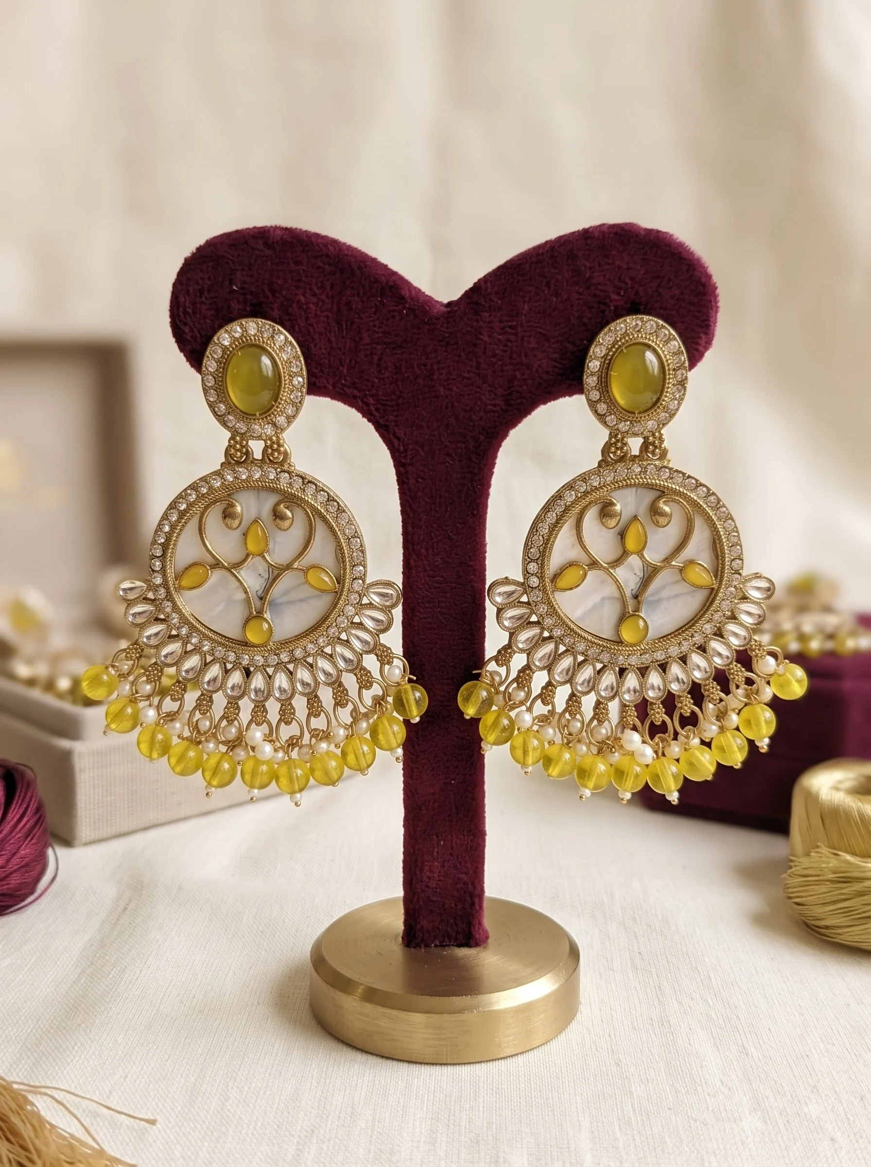 Yellow Stone Beaded Chandbali Earrings