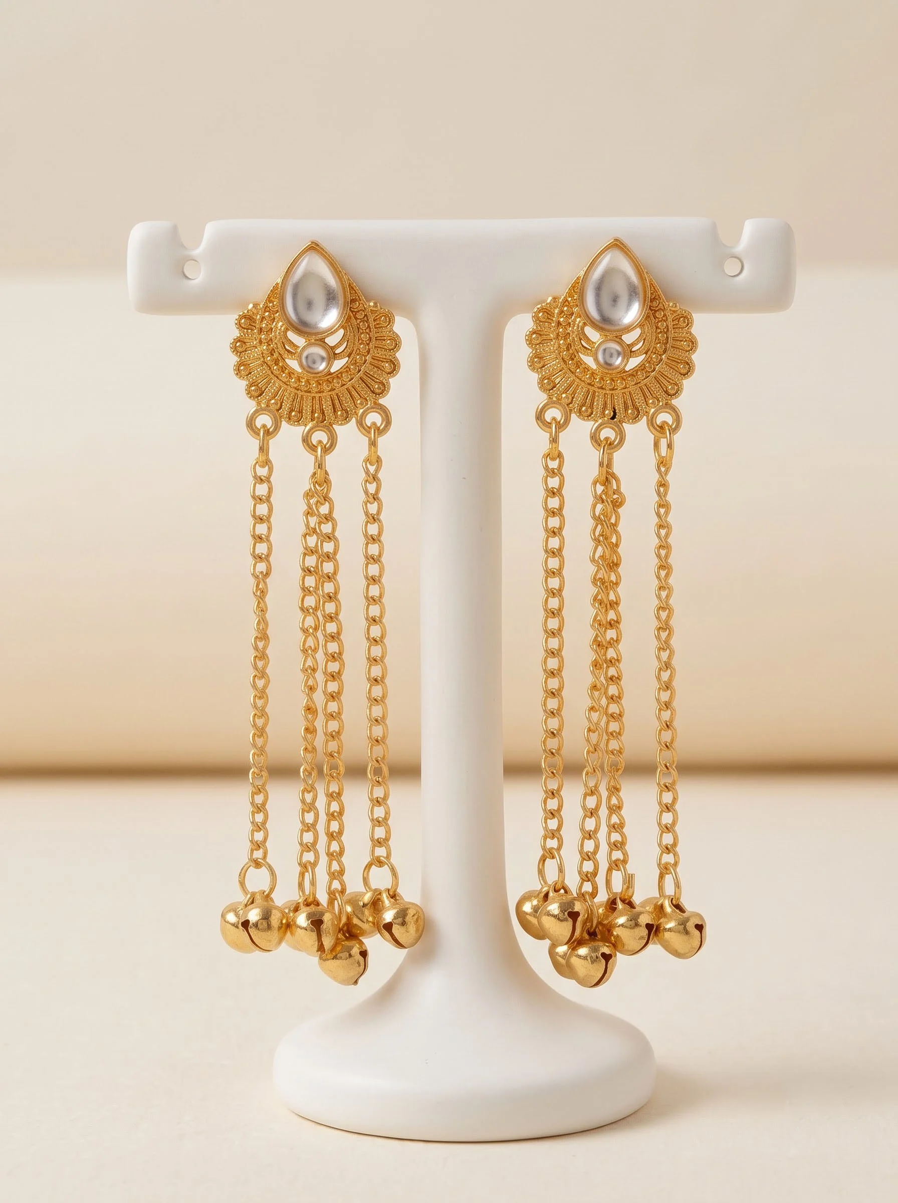 White Stone Ghungroo Chain Earrings - Image 5