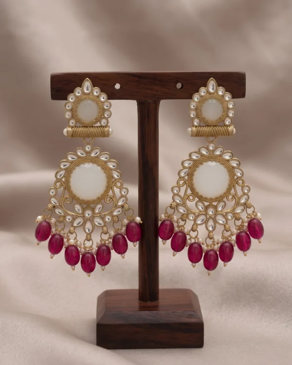 Pink Beaded Kundan Drop Earrings