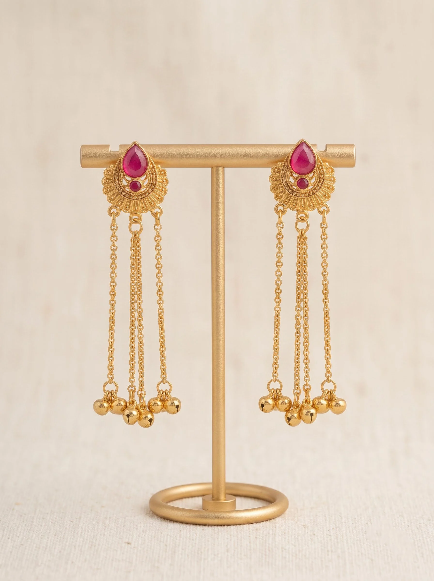 Pink Ghungroo Chain Drop Earrings - Image 2