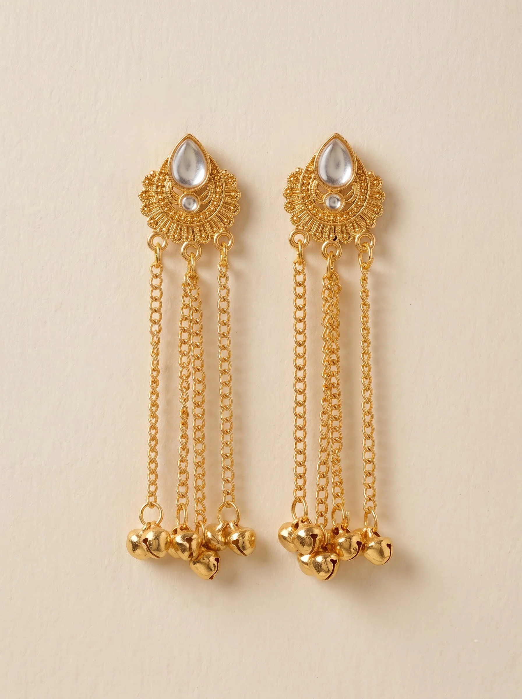 White Stone Ghungroo Chain Earrings - Image 4