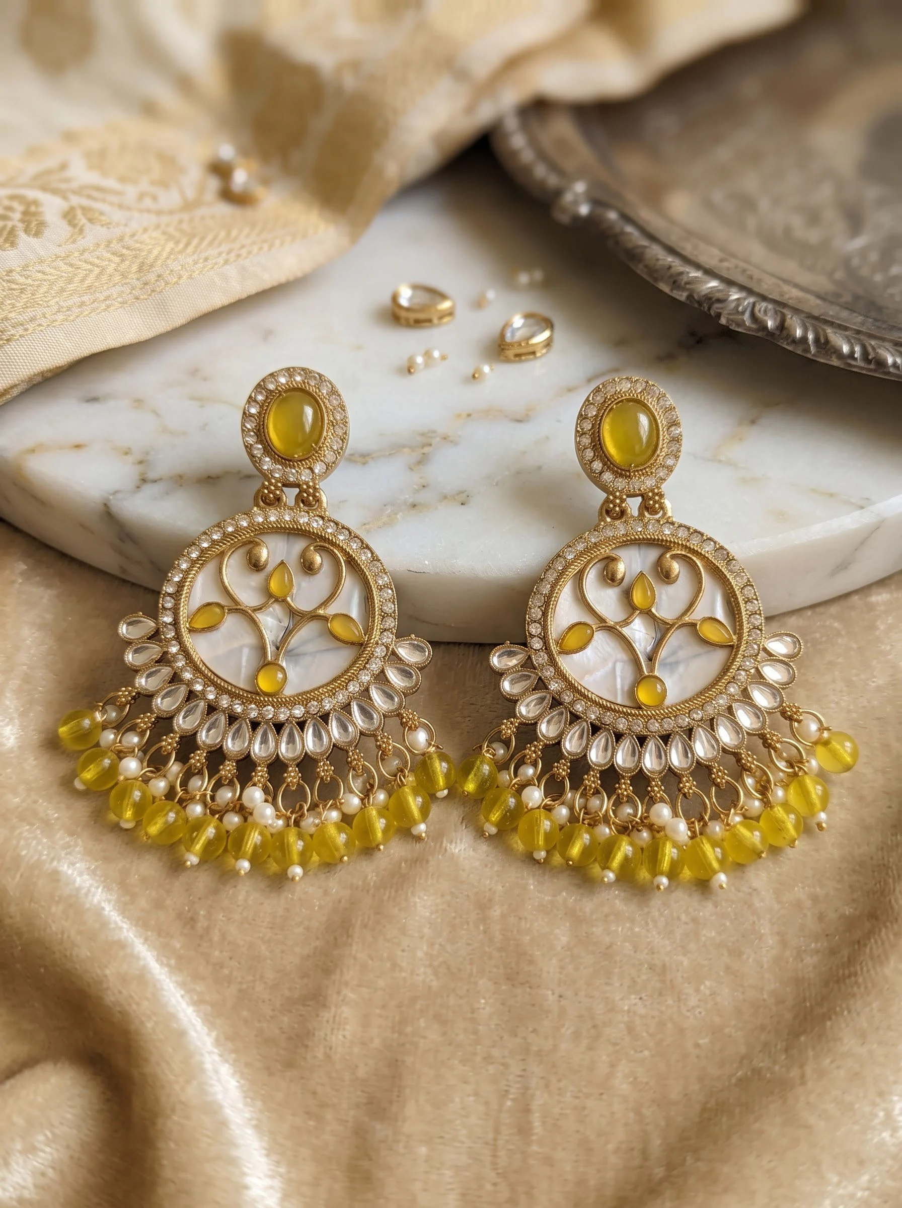 Yellow Stone Beaded Chandbali Earrings - Image 3