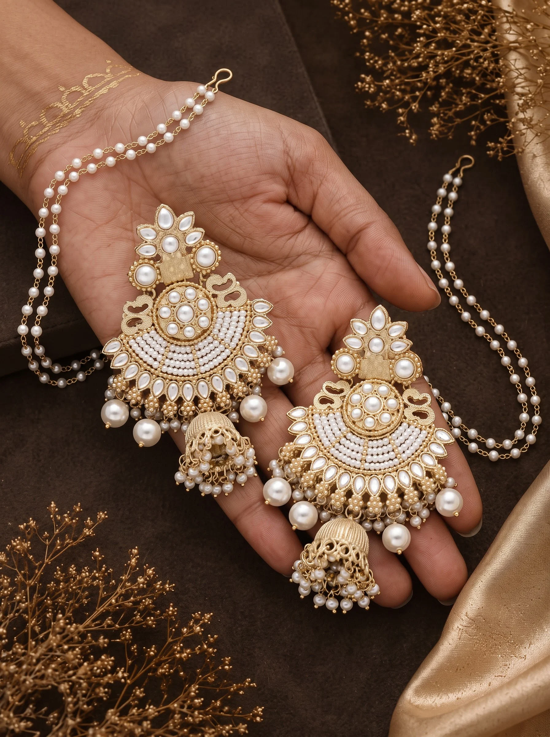 Traditional Pearl Jhumka Earrings - Image 5