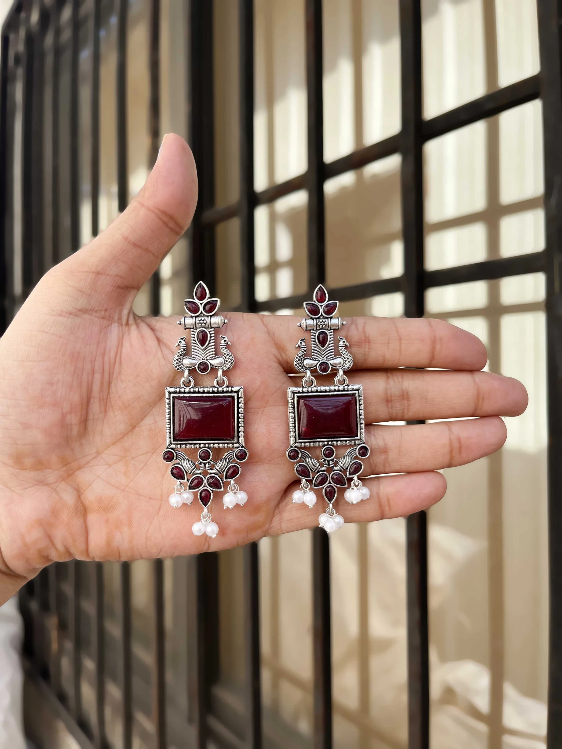 Maroon Tribal Drop Earrings - Image 6