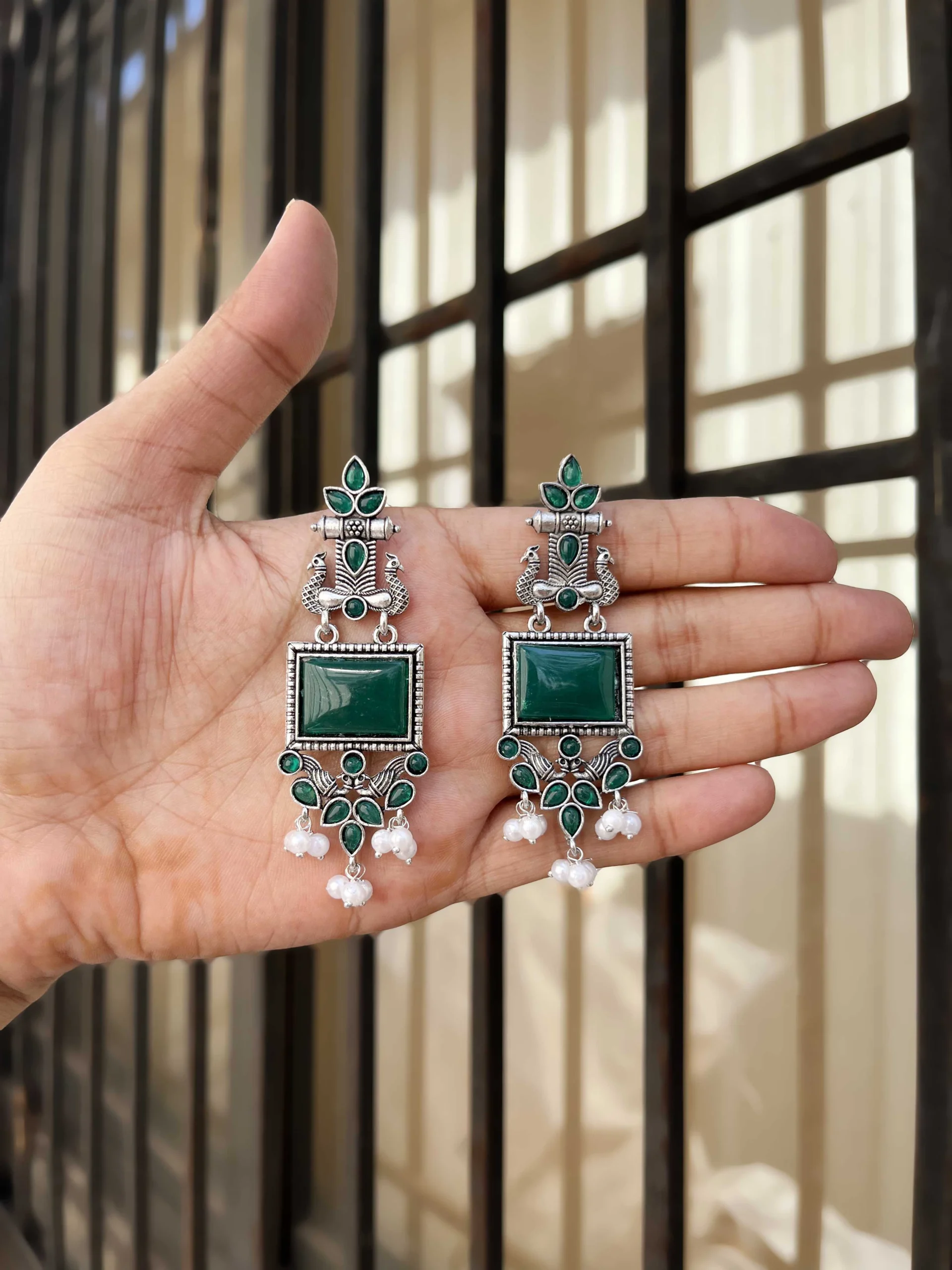 Emerald Tribal Drop Earrings - Image 5