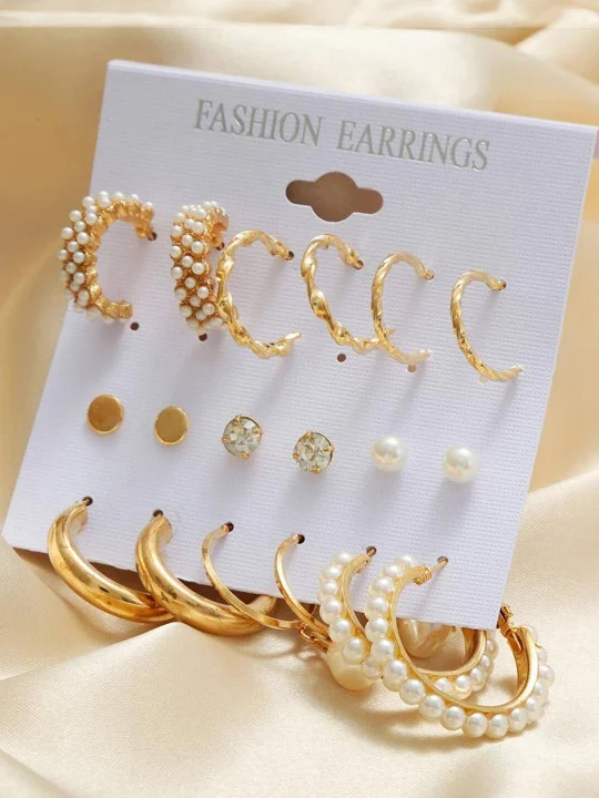 9 Pairs Gold Hoop & Stud Earrings Set