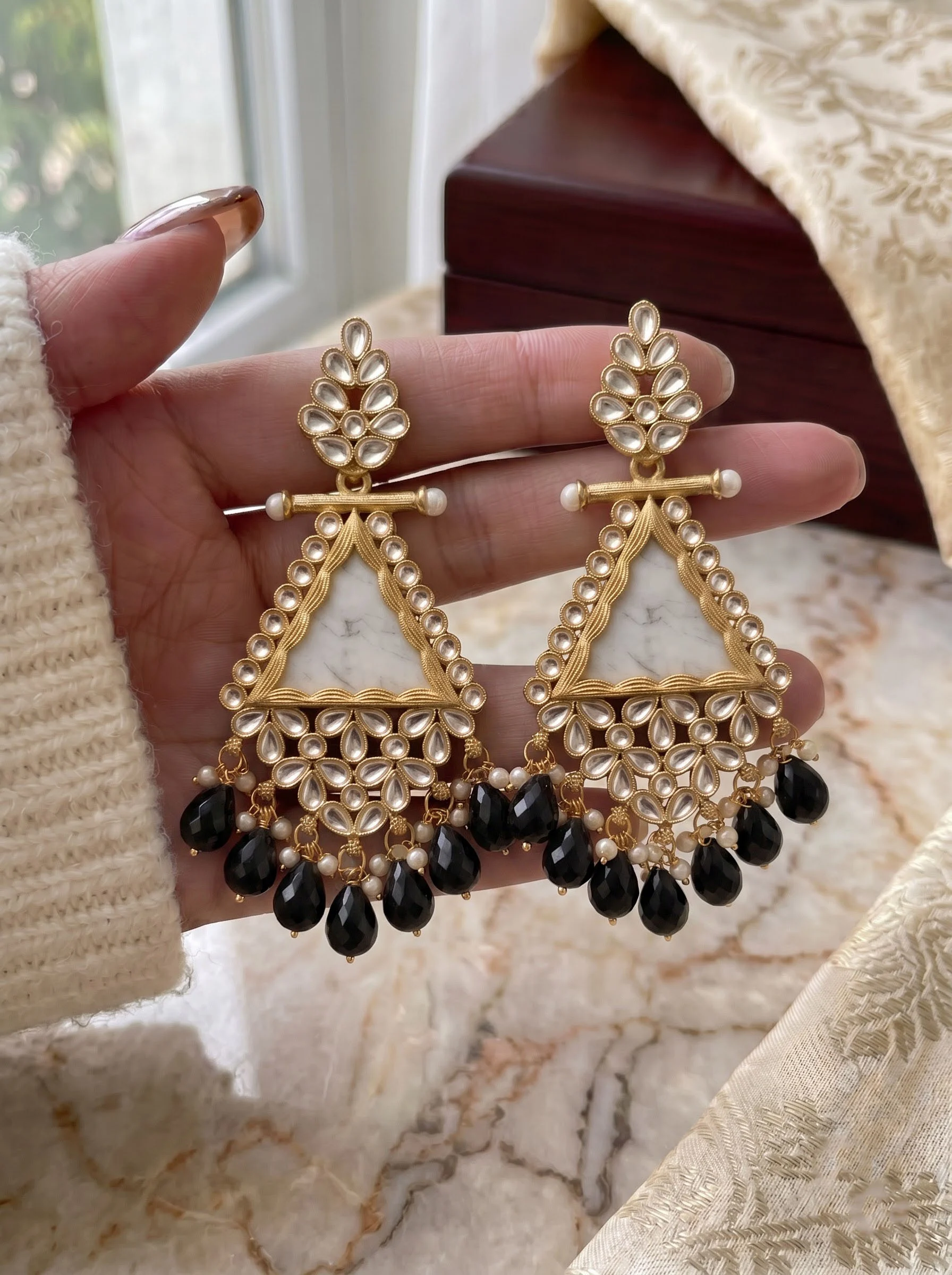 Black Beaded Kundan Drop Earrings - Image 3