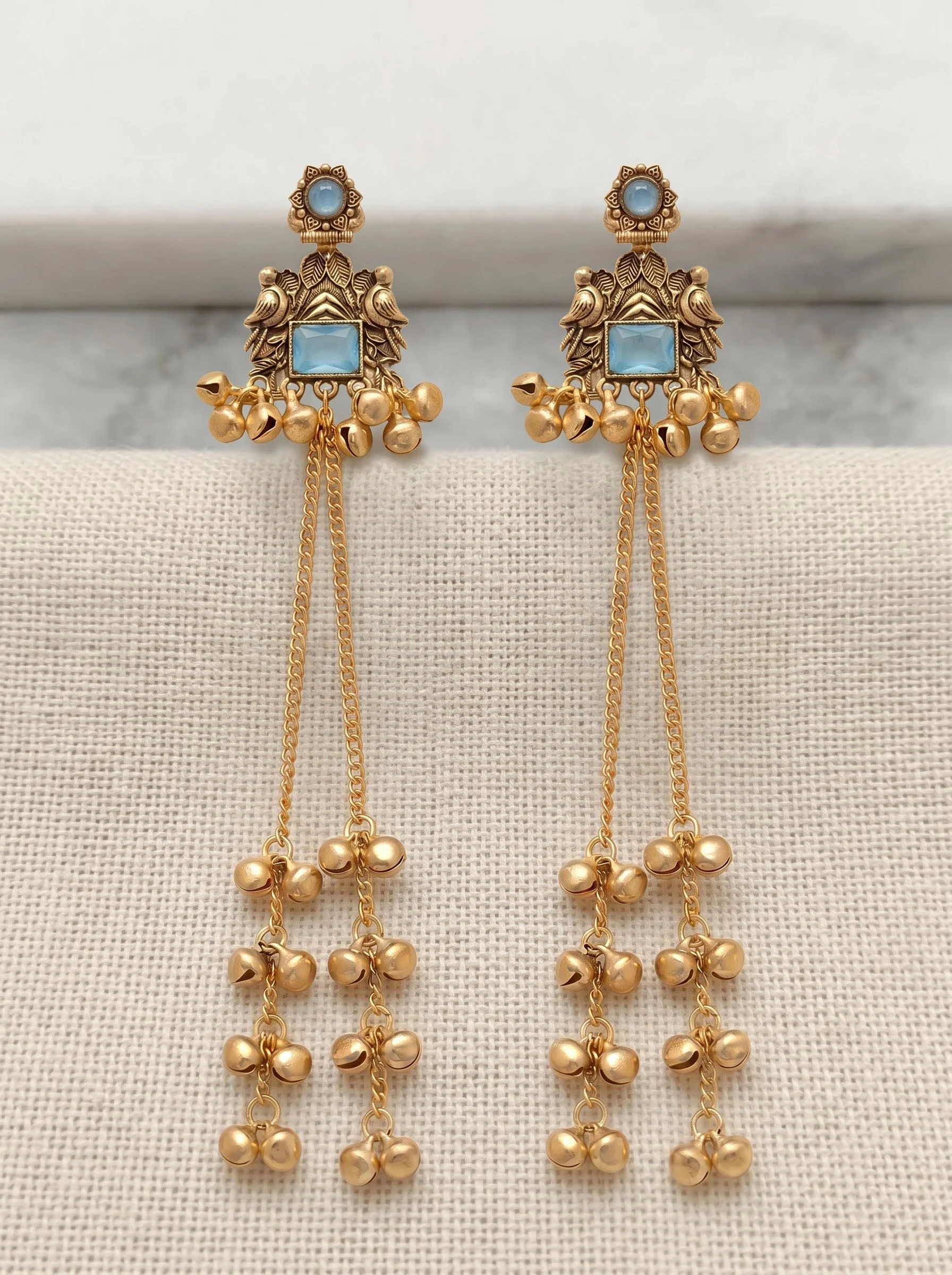 Sky Blue Ghungroo Chain Earrings - Image 3