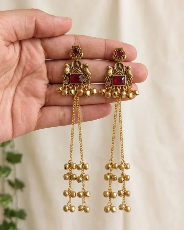 Ruby Pink Ghungroo Chain Earrings
