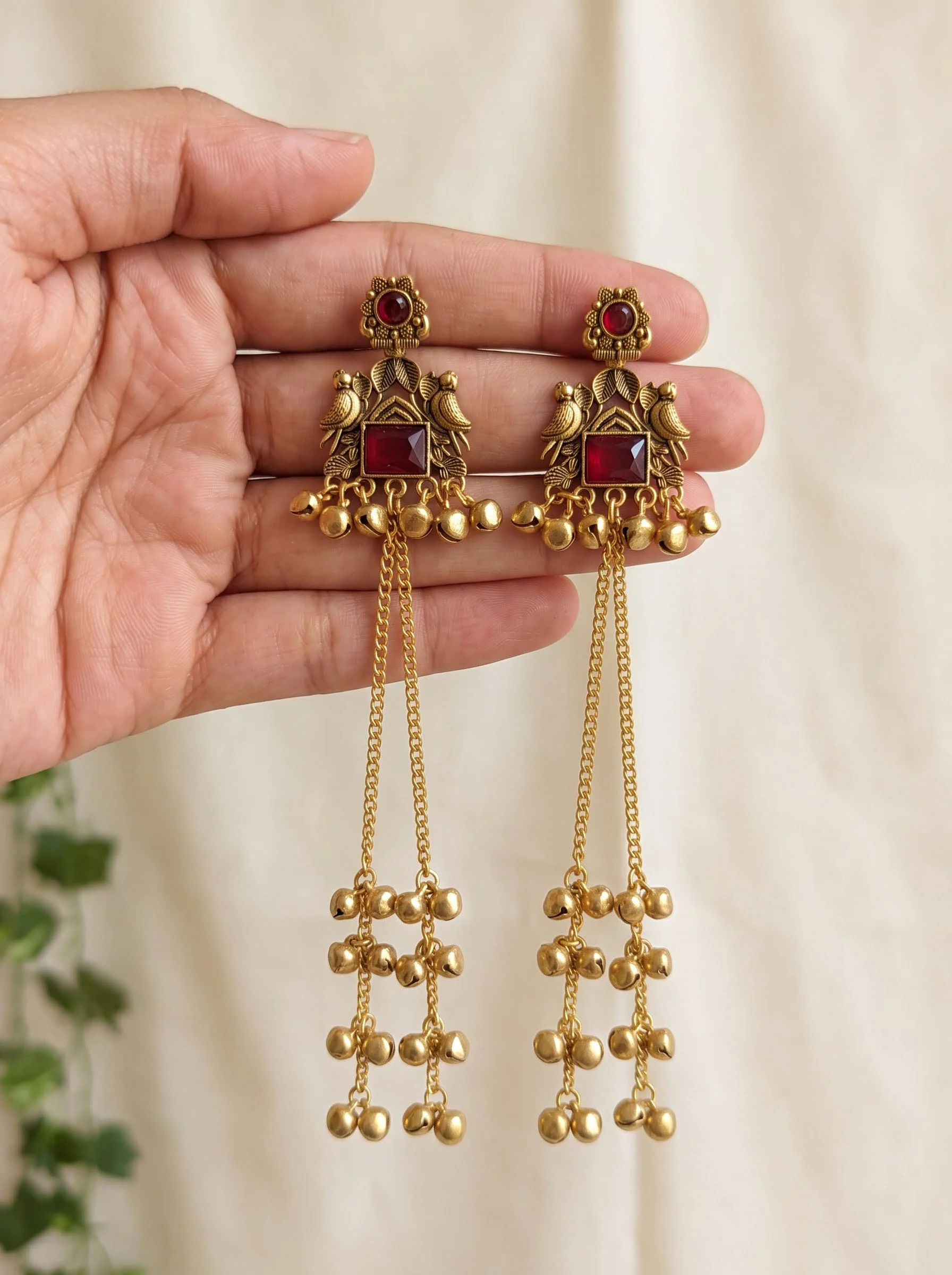 Ruby Pink Ghungroo Chain Earrings