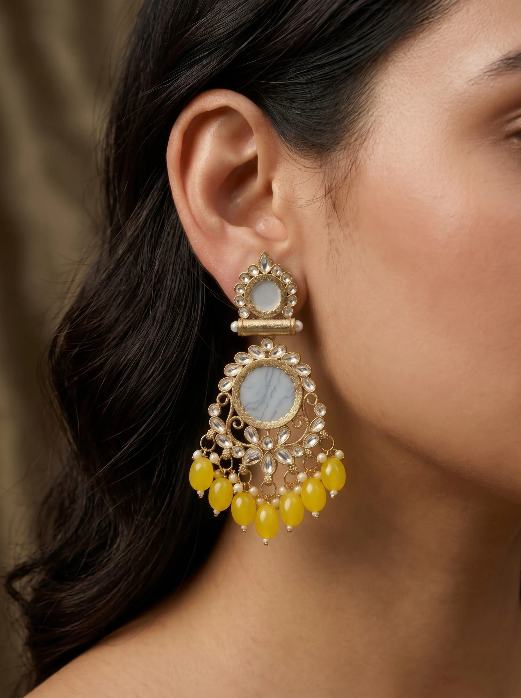 Yellow Beaded Kundan Drop Earrings - Image 3