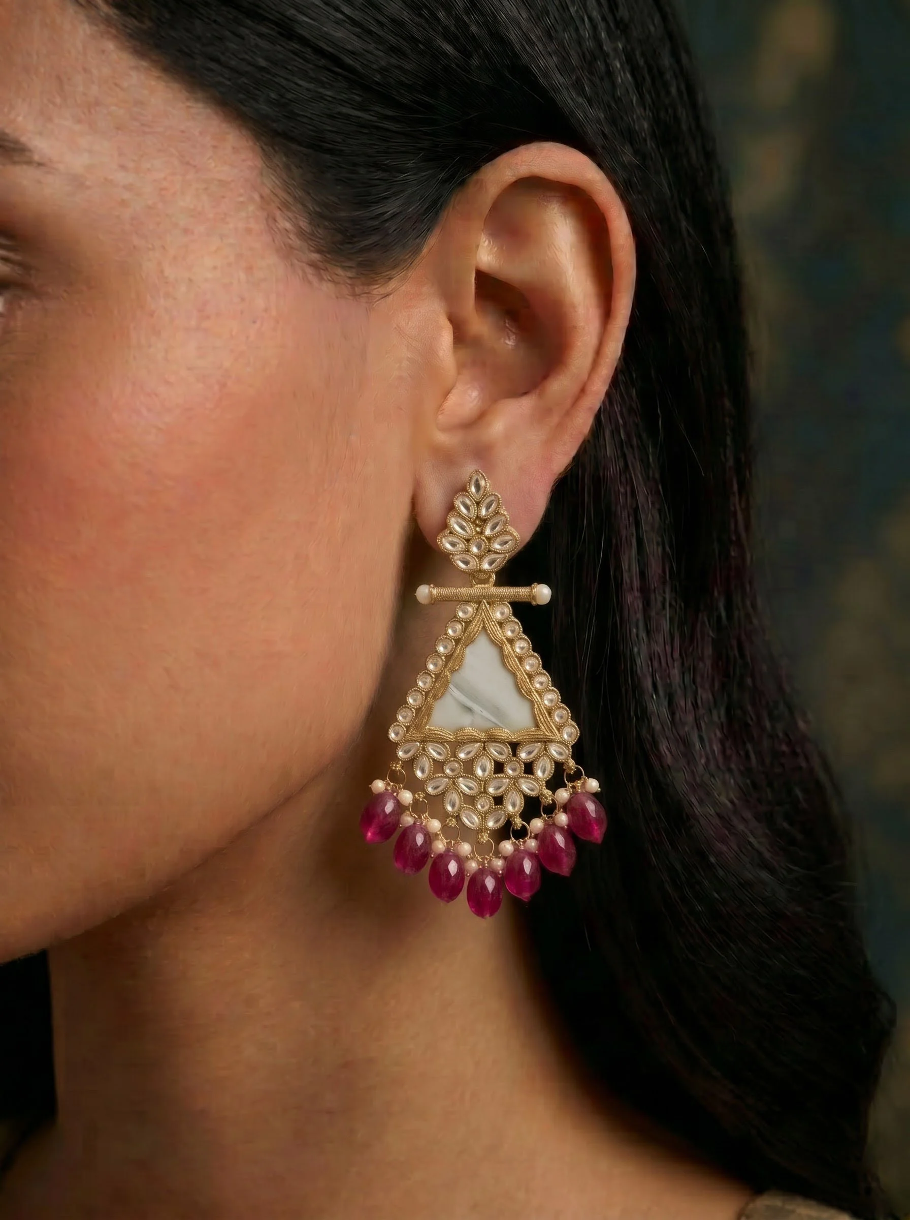 Ruby Pink Beaded Kundan Drop Earrings - Image 4