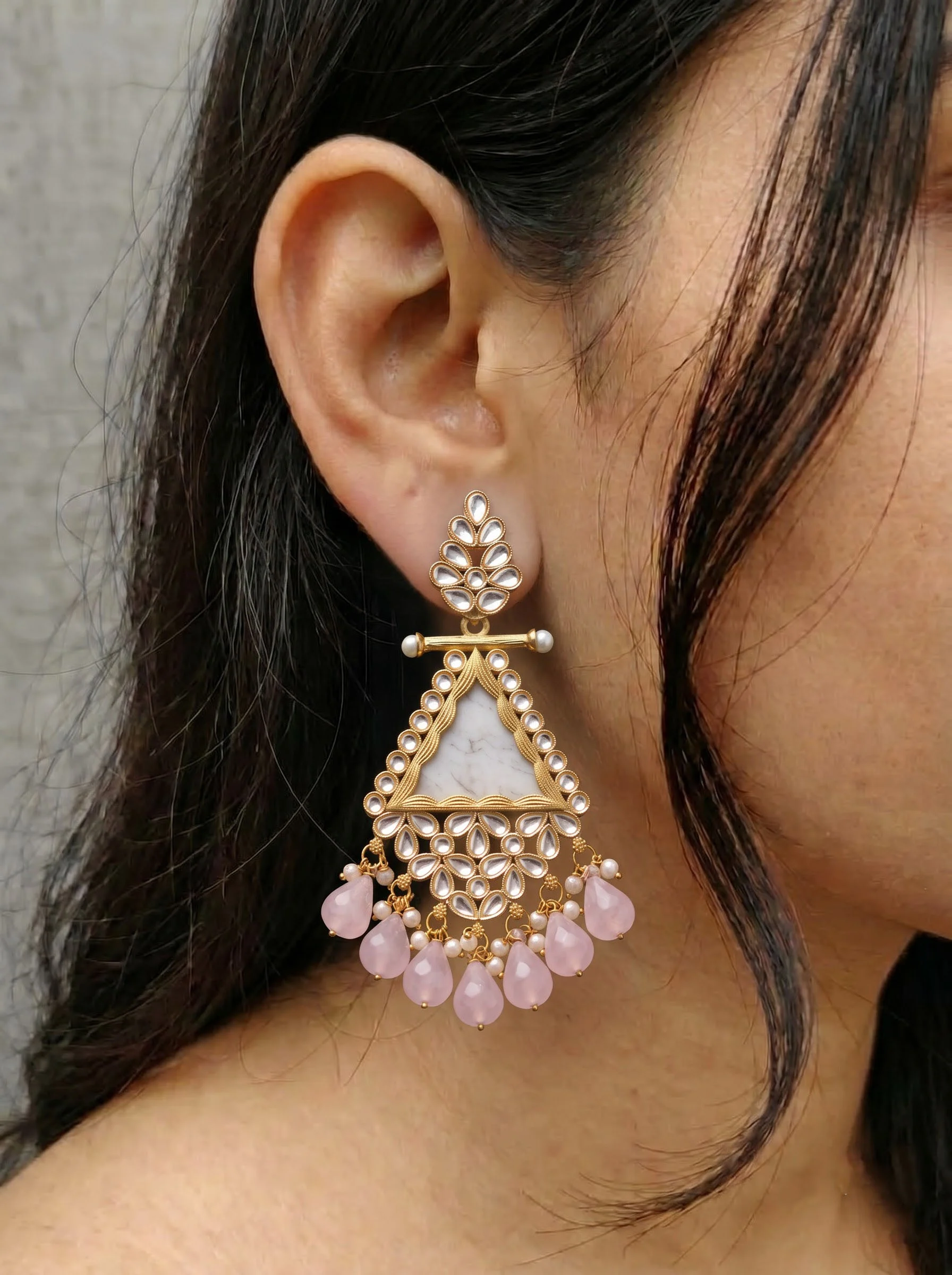 Pink Beaded Kundan Drop Earrings - Image 4