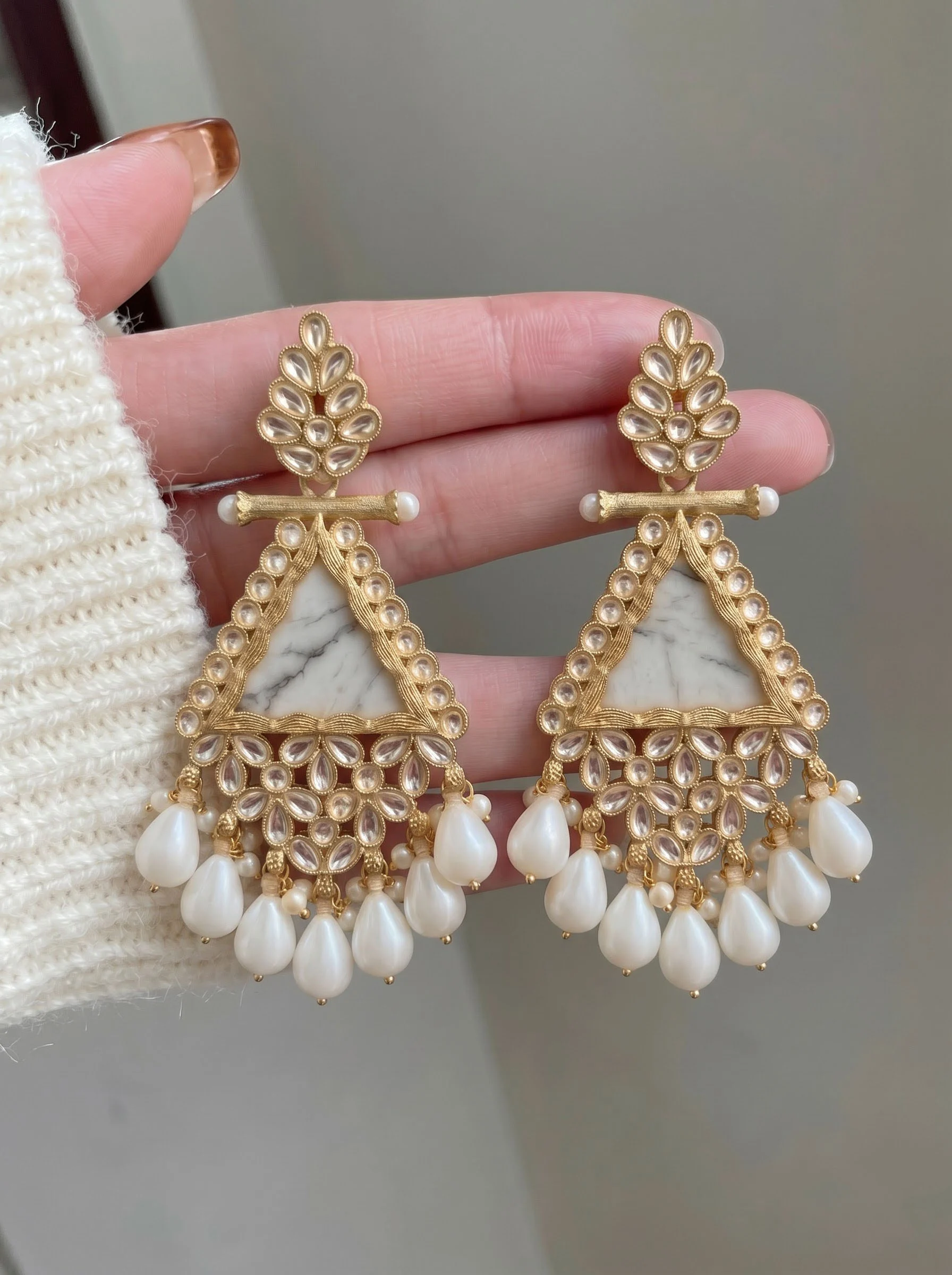 White Beaded Kundan Drop Earrings - Image 4