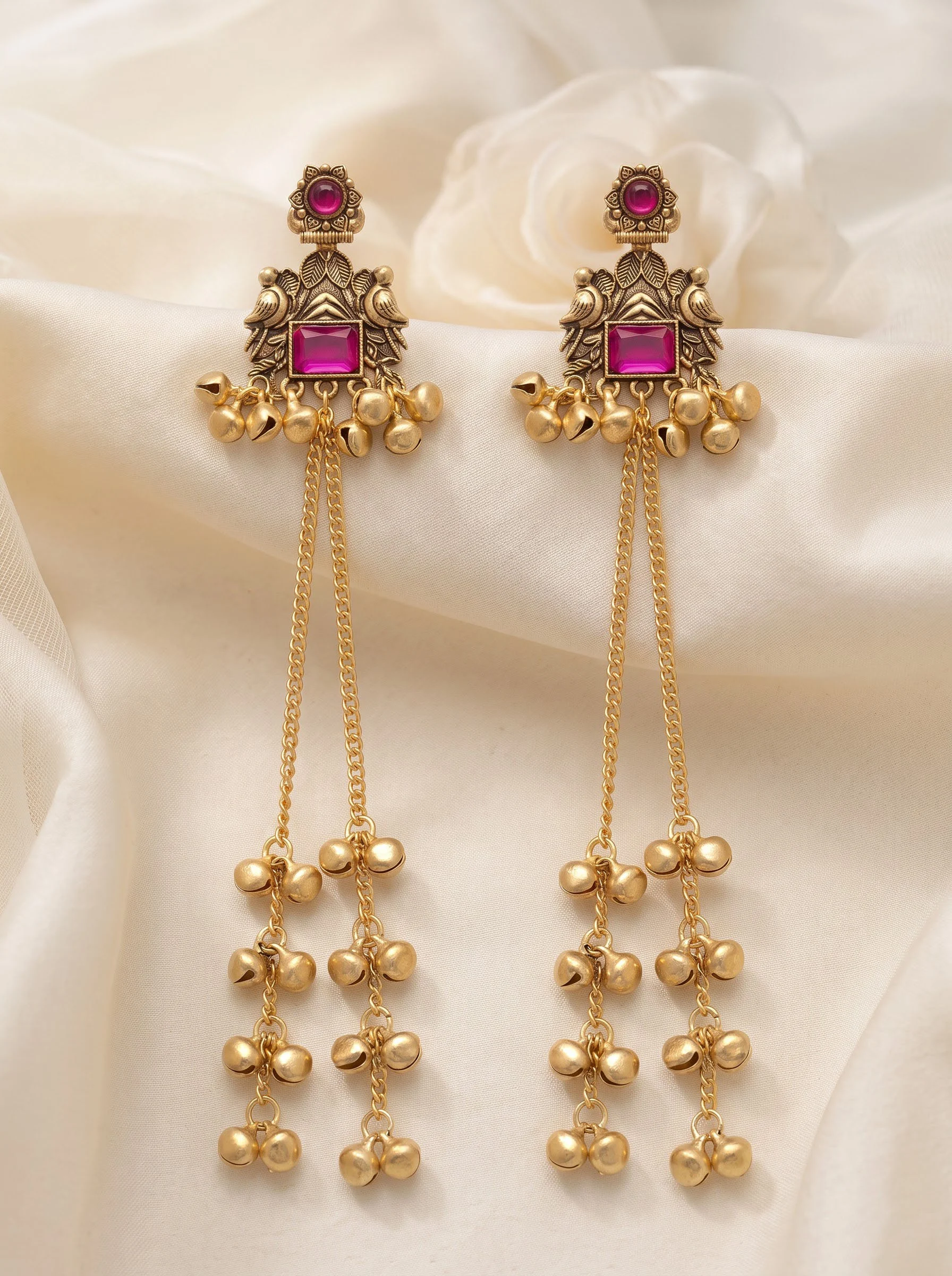Pink Stone Ghungroo Chain Earrings - Image 2