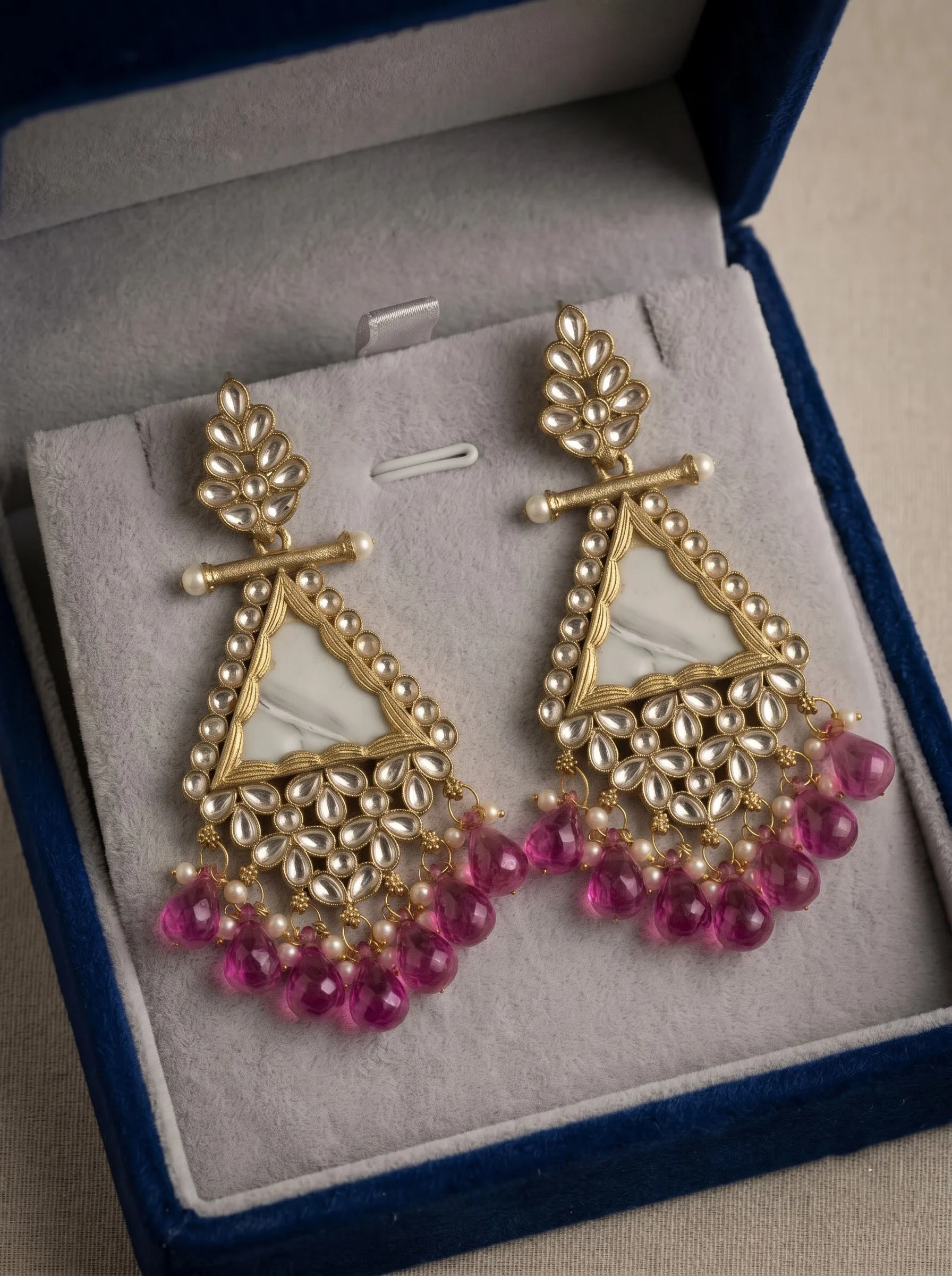 Ruby Pink Beaded Kundan Drop Earrings - Image 3
