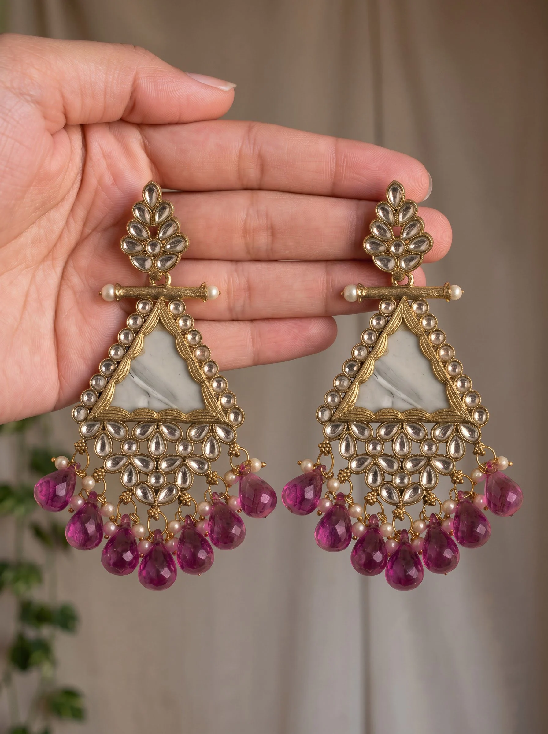 Ruby Pink Beaded Kundan Drop Earrings - Image 2