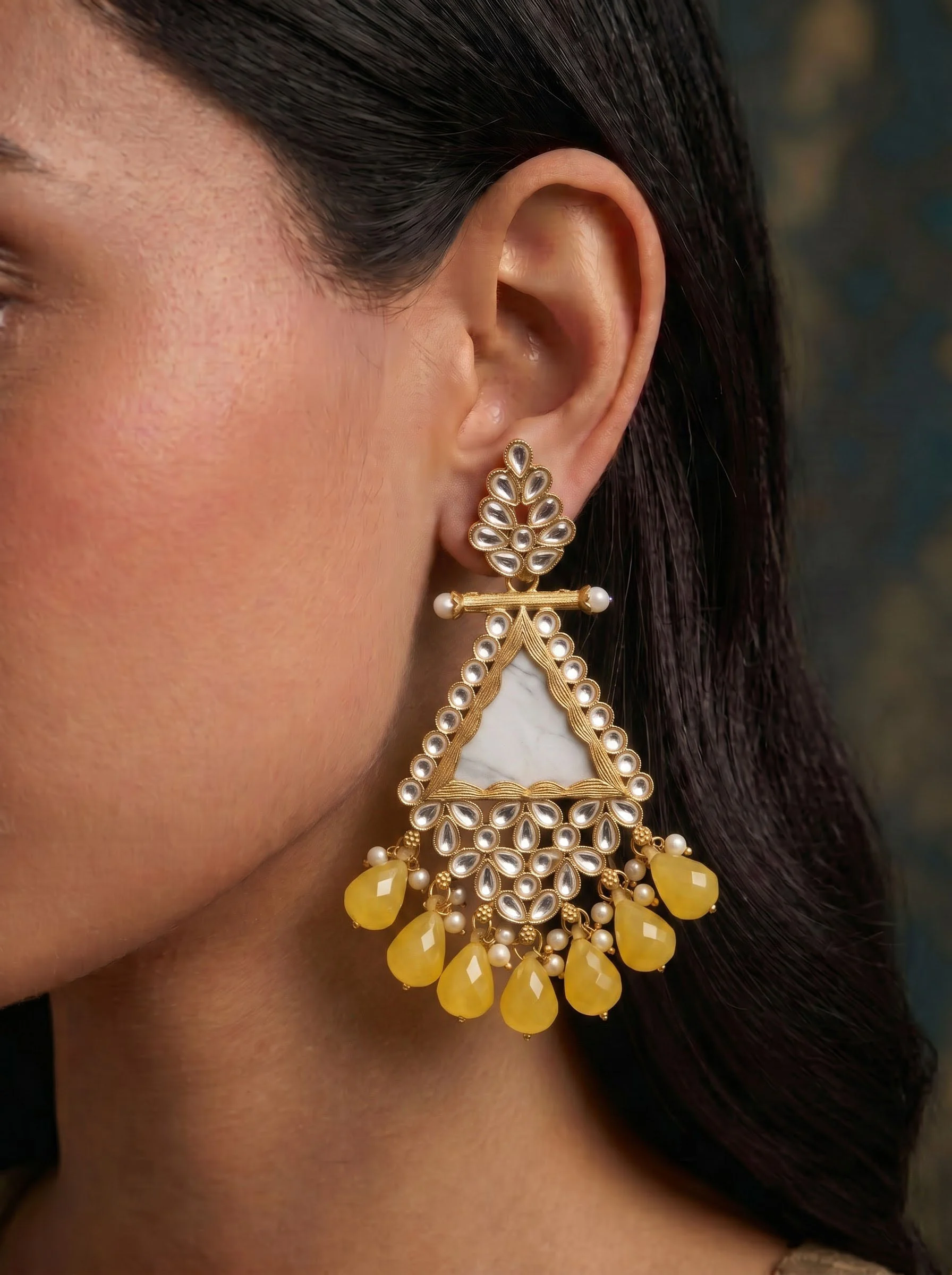 Yellow Beaded Traditional Kundan Earrings - Image 4