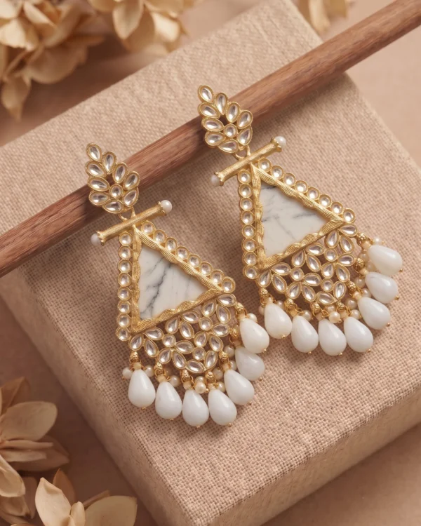 White Beaded Kundan Drop Earrings
