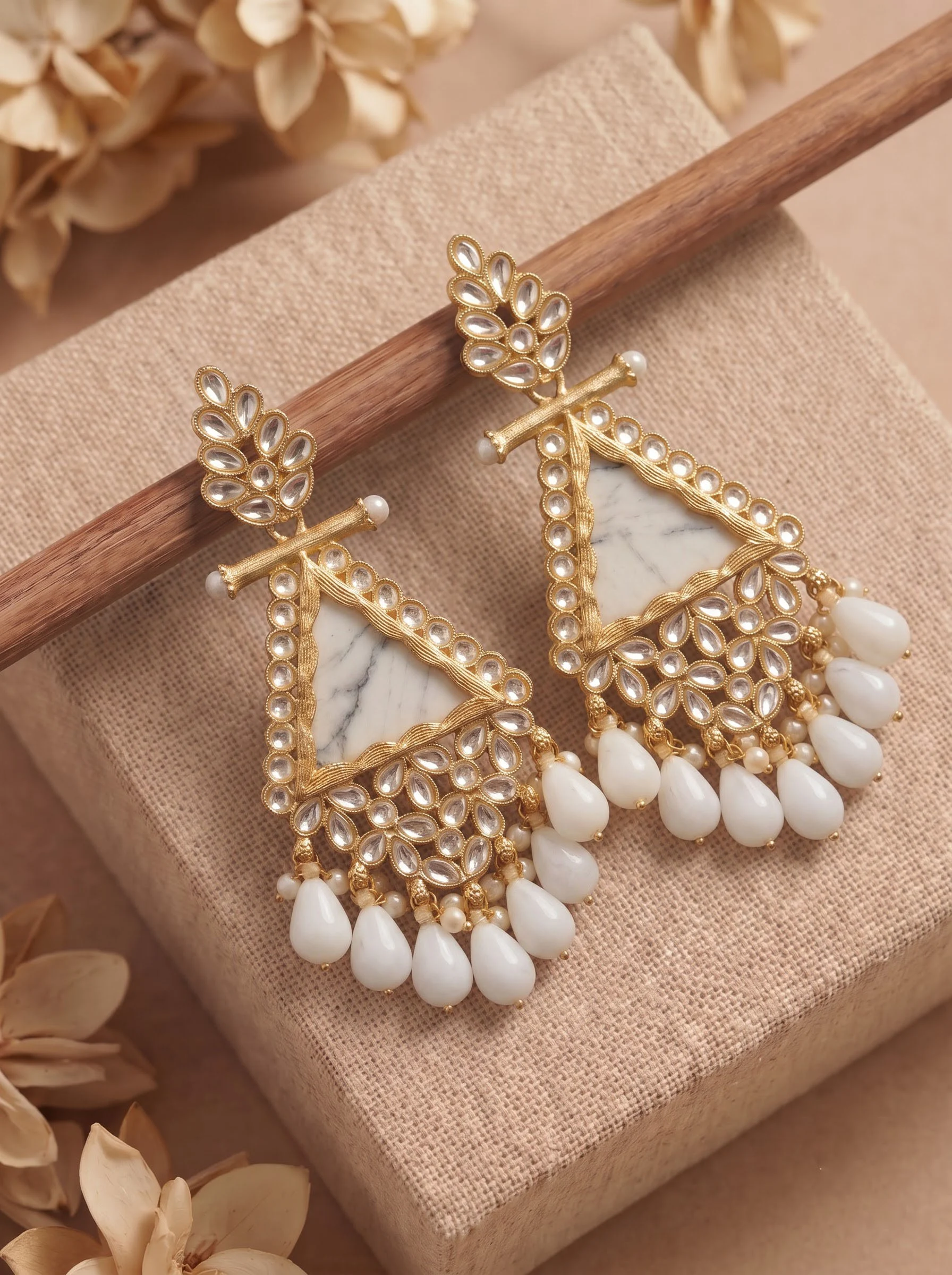 White Beaded Kundan Drop Earrings
