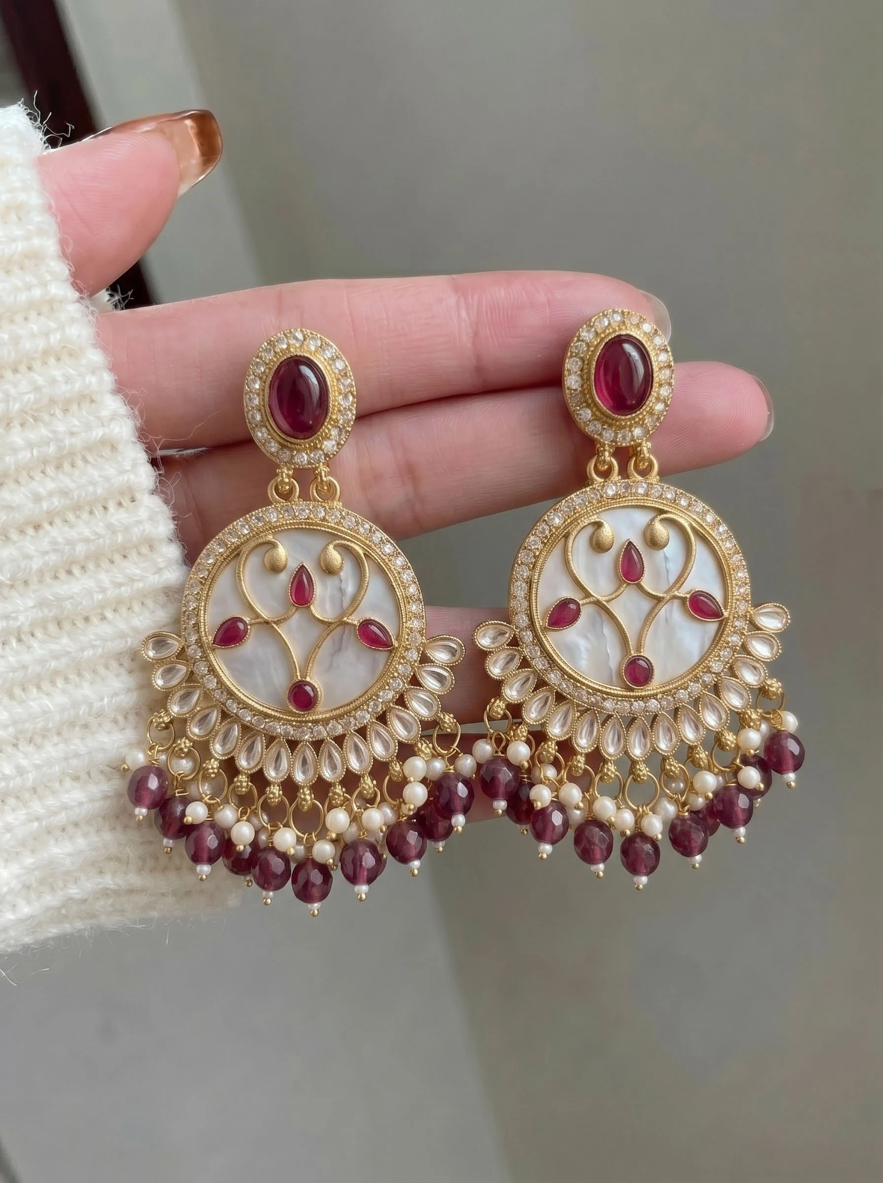 Ruby Beaded Chandbali Earrings