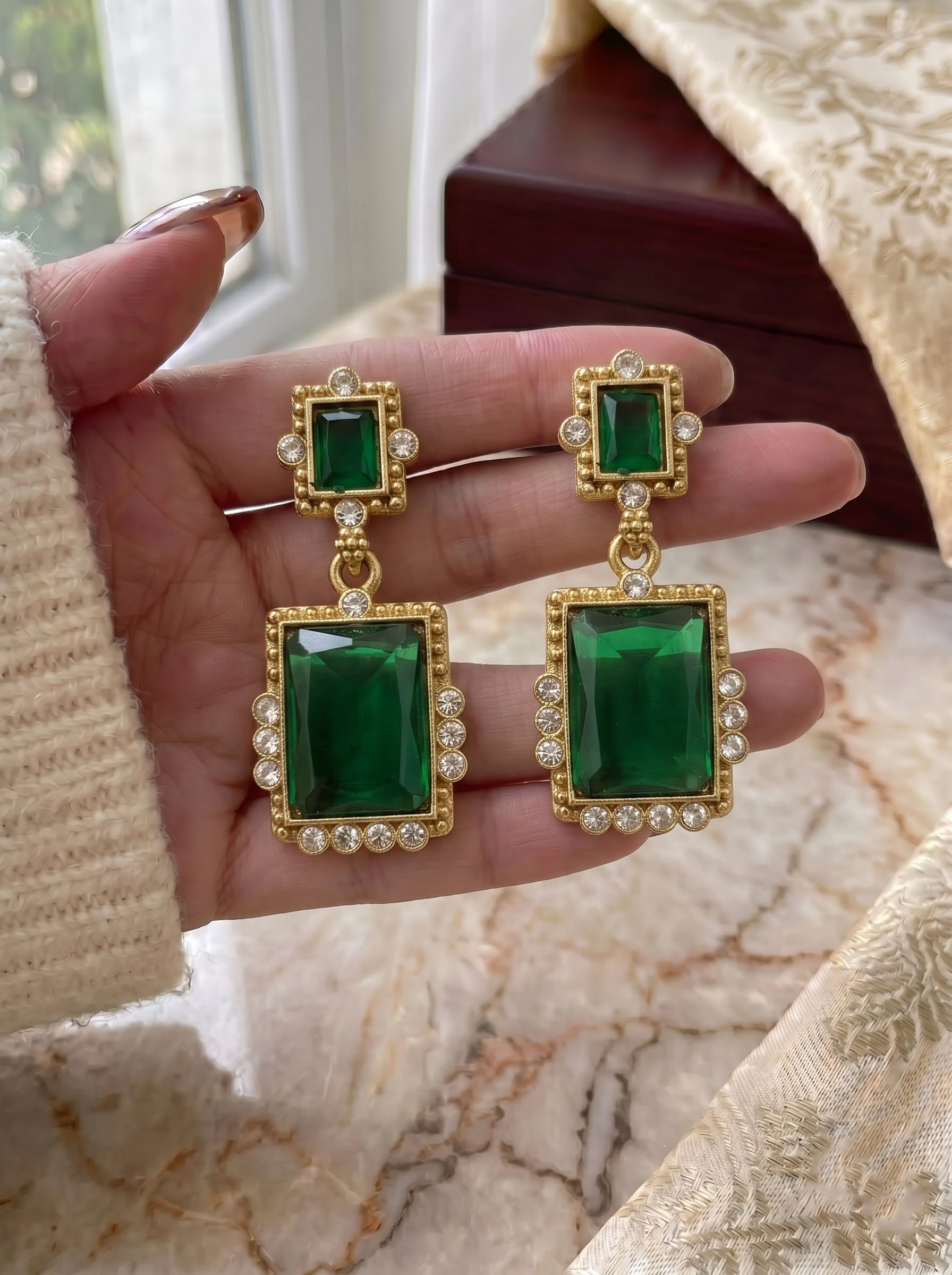 Emerald Green Geometric Drop Earrings - Image 3