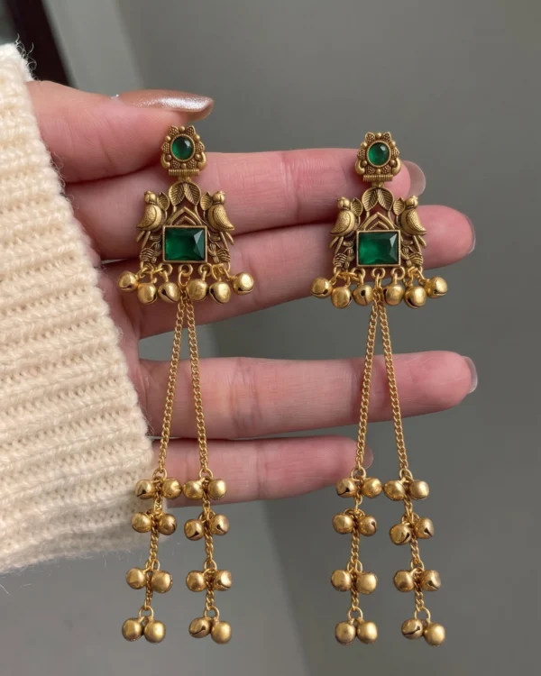Green Stone Ghungroo Tassel Earrings