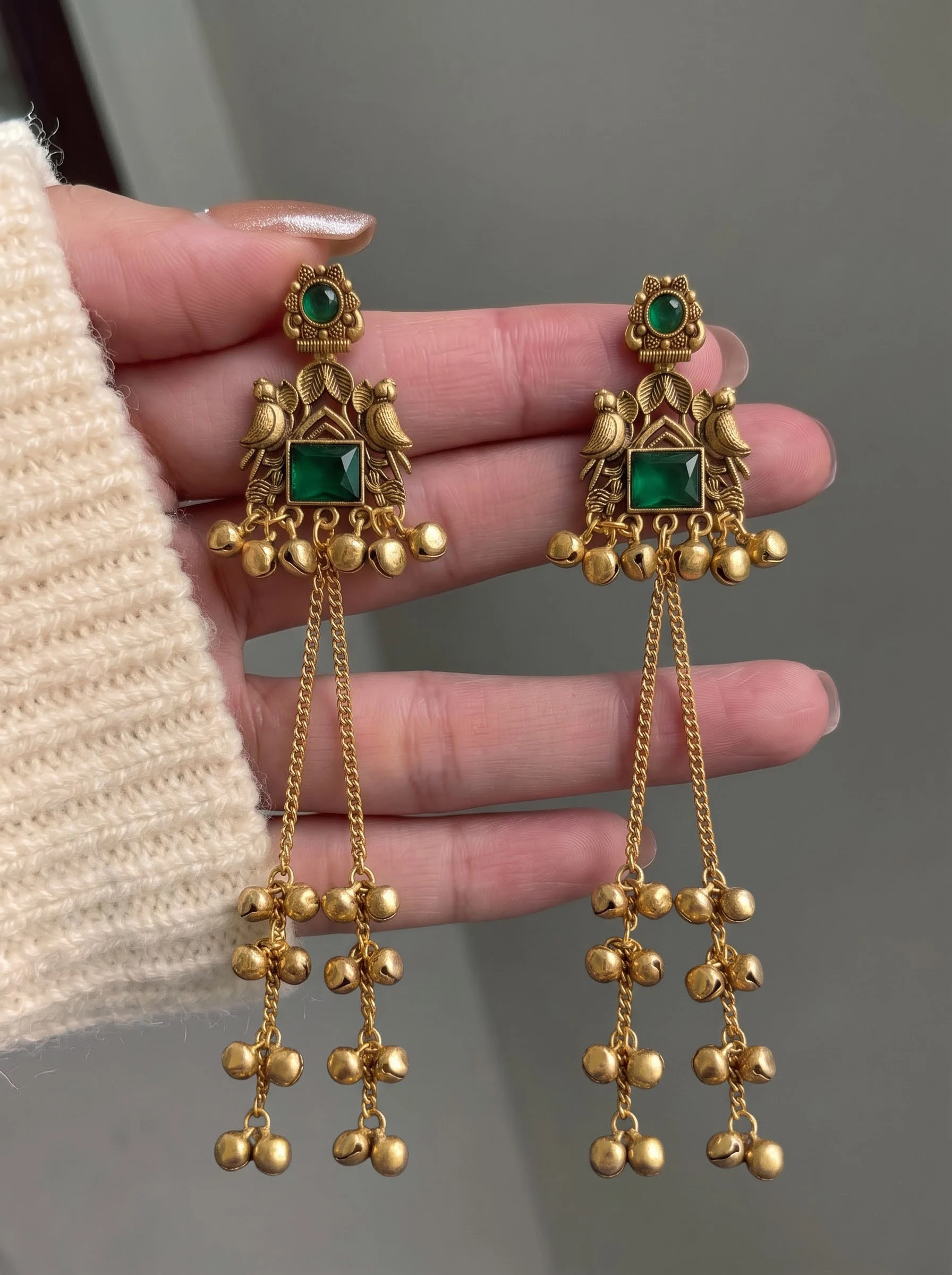Green Stone Ghungroo Tassel Earrings