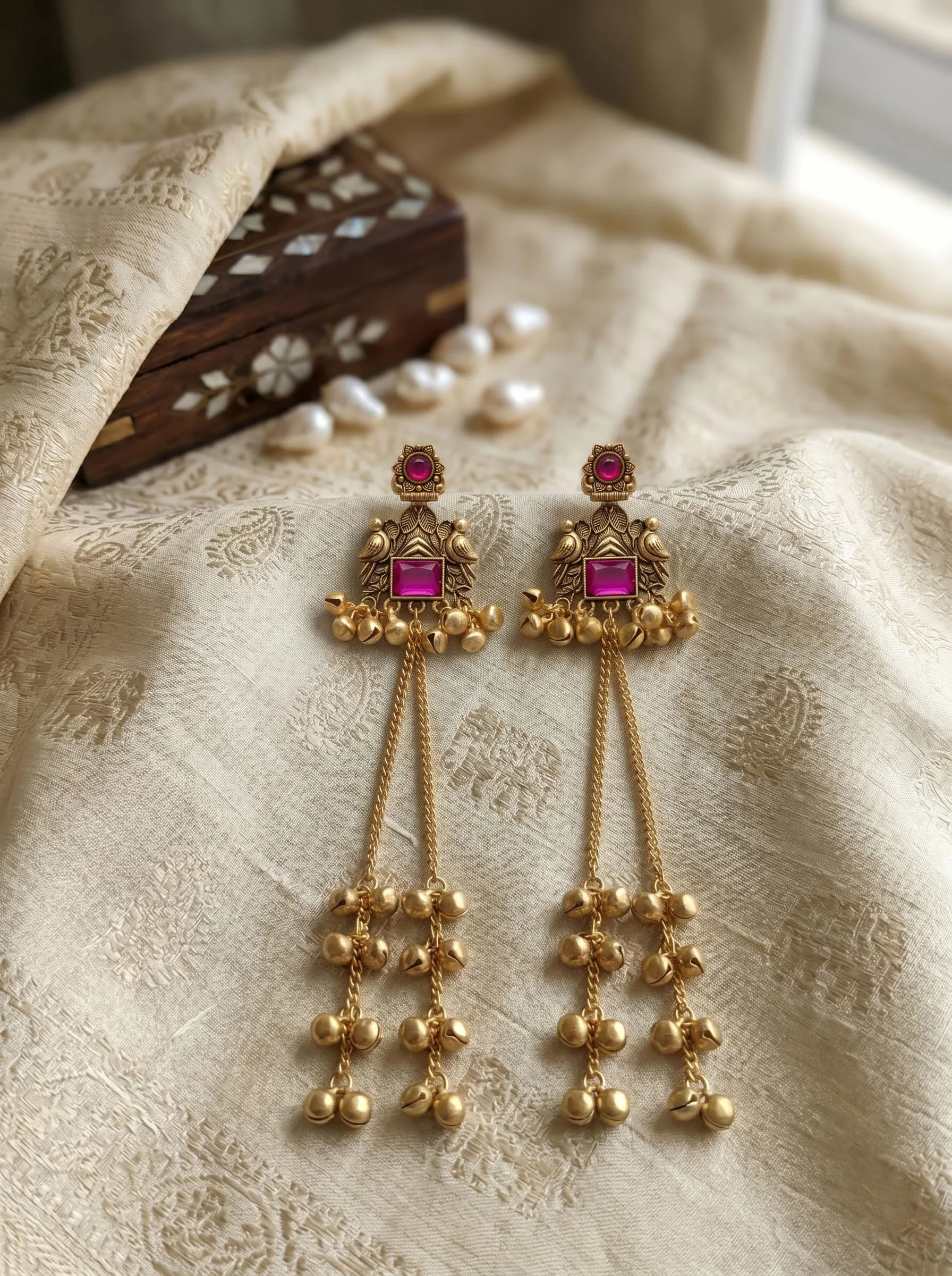 Pink Stone Ghungroo Chain Earrings - Image 3