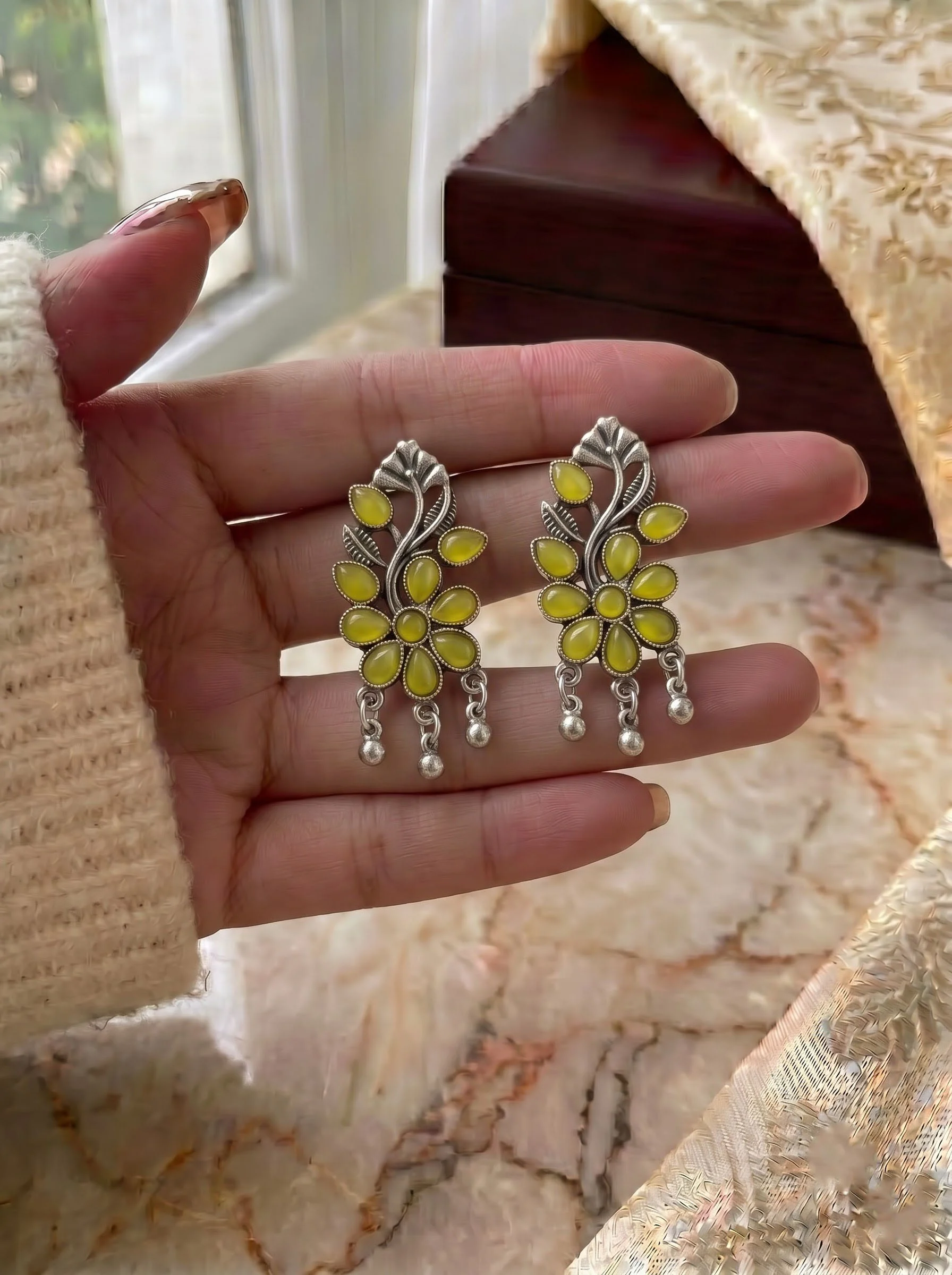 Yellow Floral Oxidised Drop Earrings - Image 5