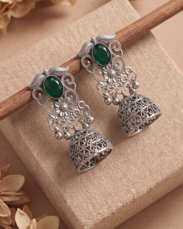 Green Stone Oxidised Jhumka Earrings