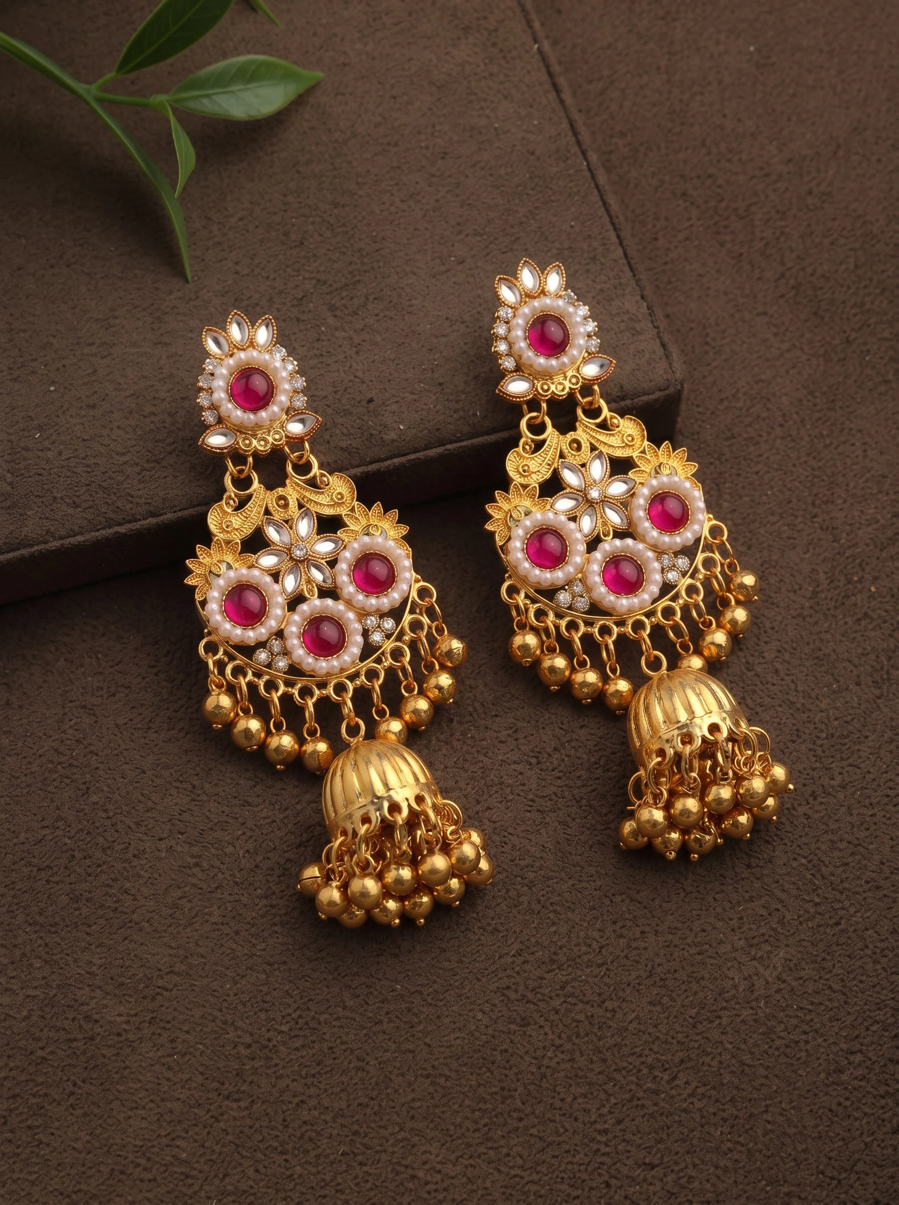 Ruby Pink Kundan Jhumka Earrings