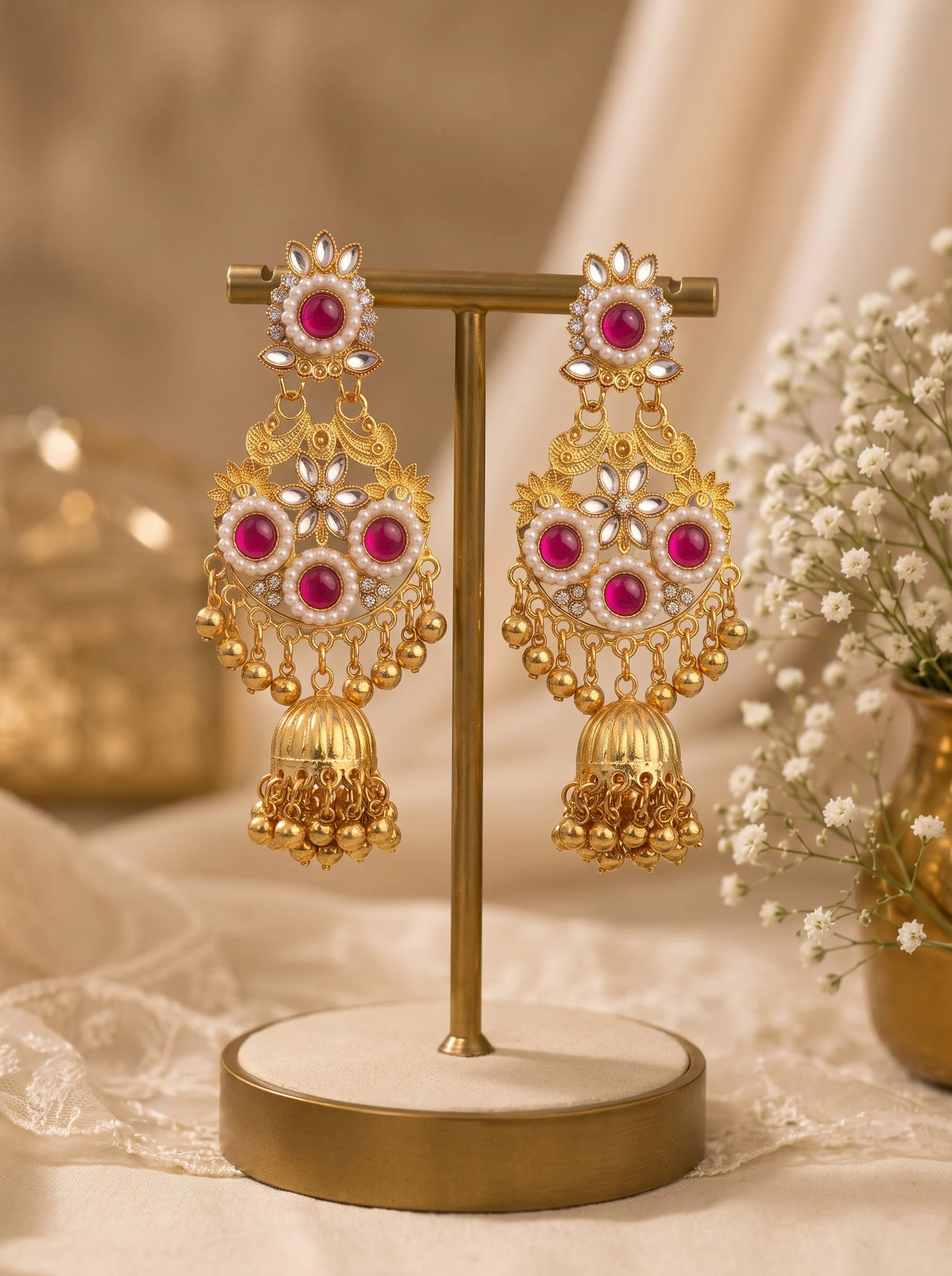 Ruby Pink Kundan Jhumka Earrings - Image 3