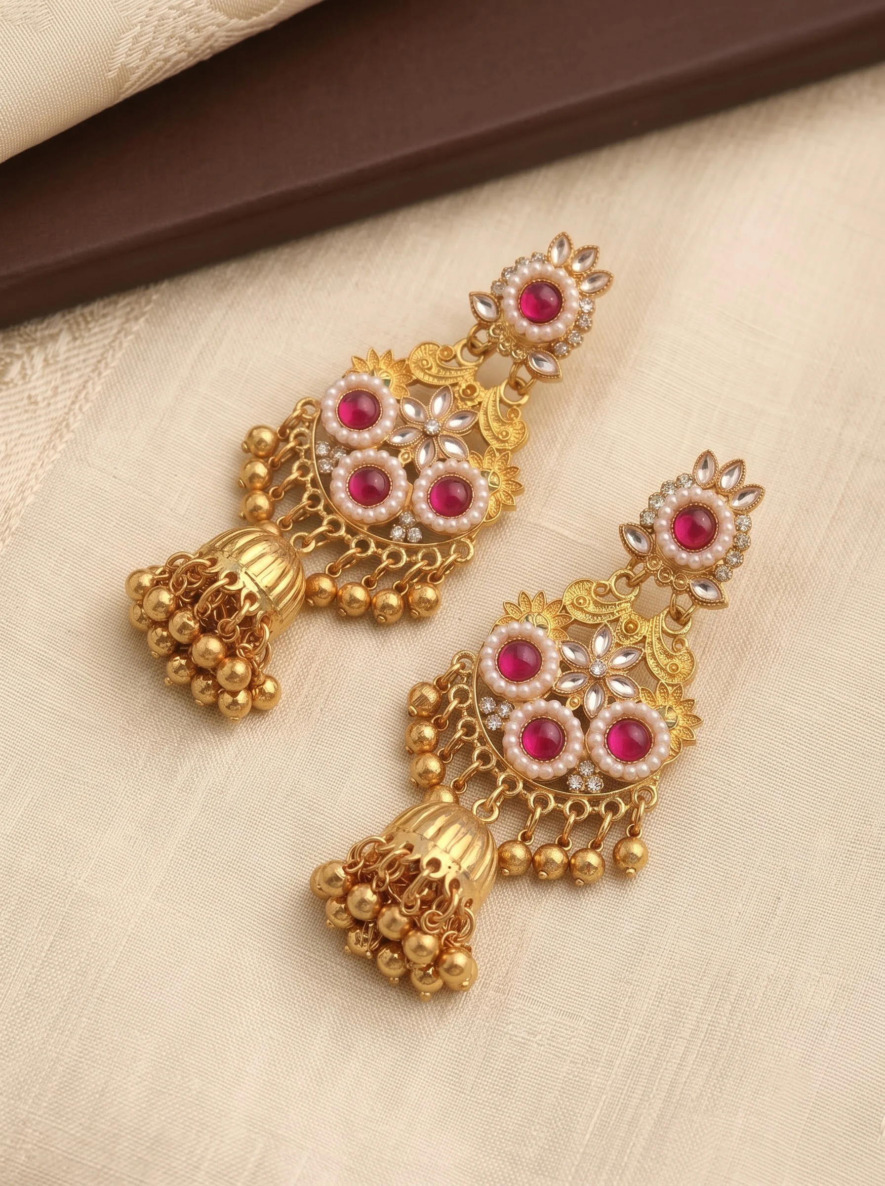 Ruby Pink Kundan Jhumka Earrings - Image 2