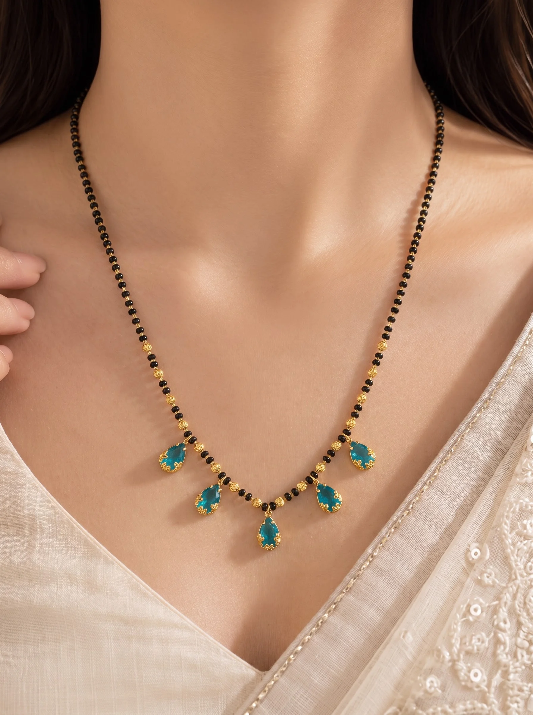 Gold-Plated Sky Blue Drop Mangalsutra - Image 5