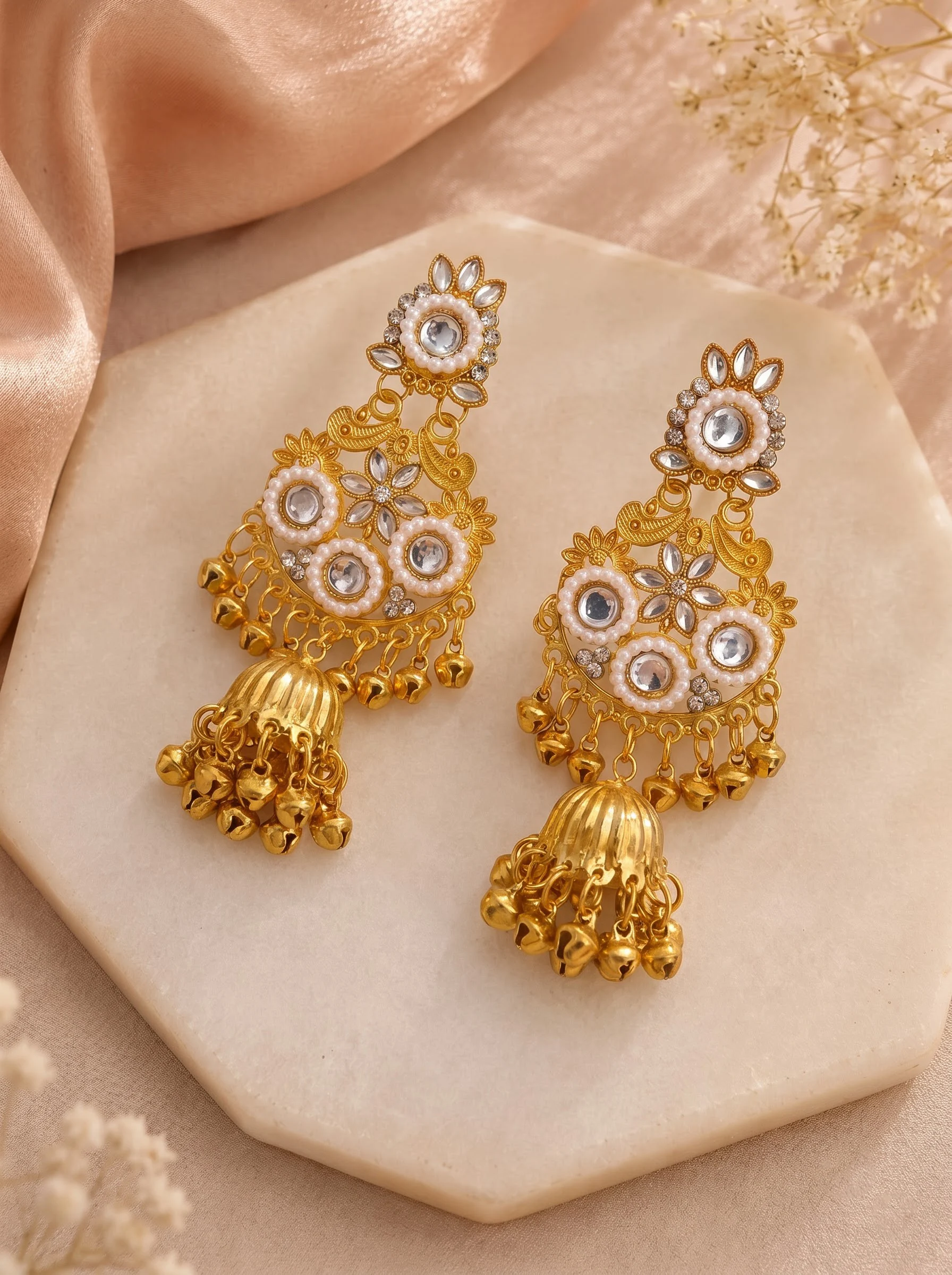 Pearl Kundan Jhumka Earrings - Image 3