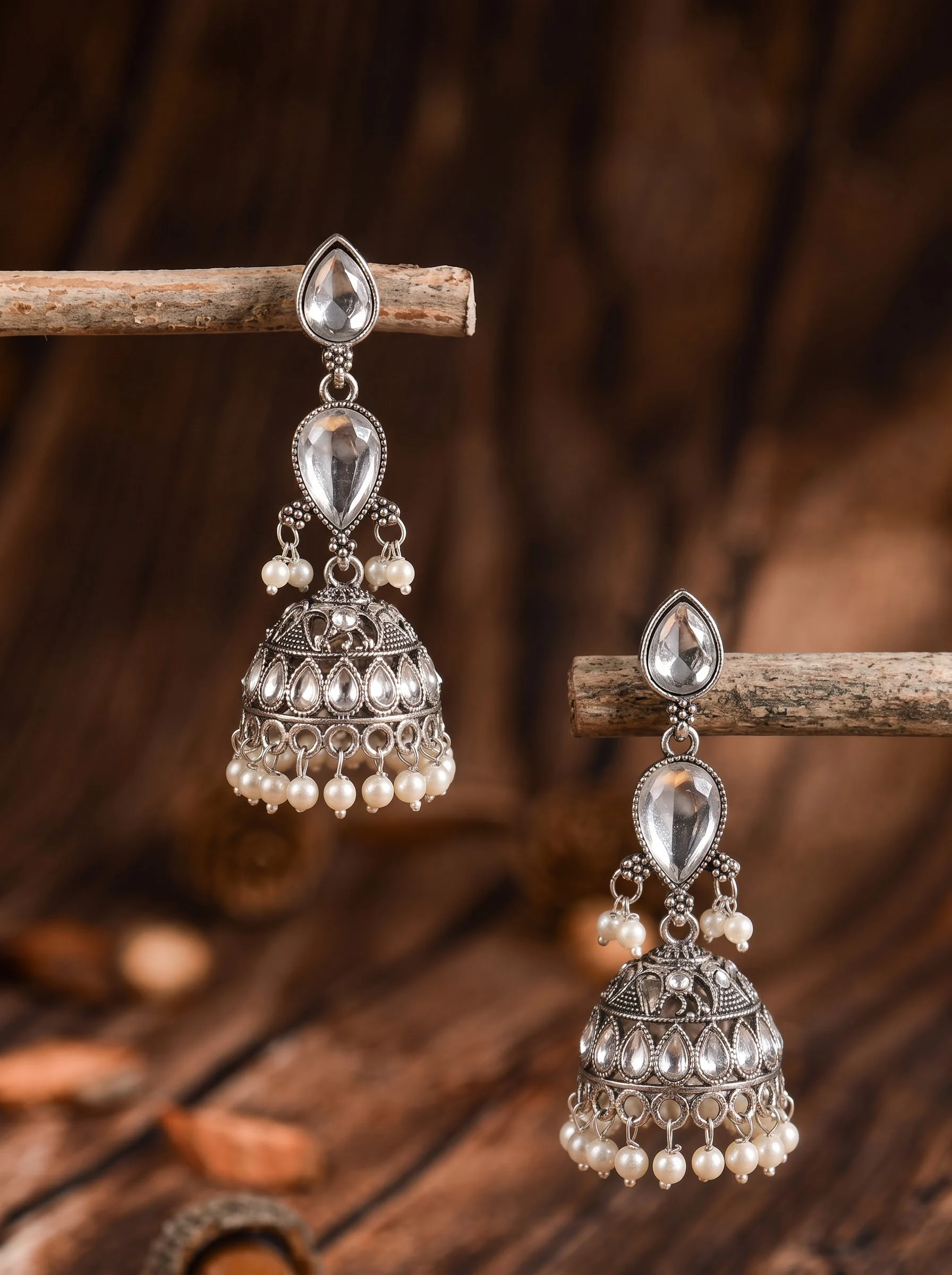 Mint Stone Oxidised Jhumka Earrings - Image 4