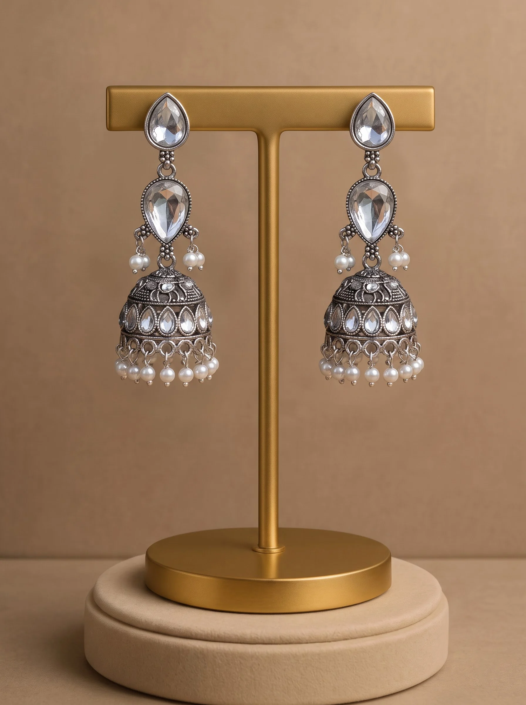 Mint Stone Oxidised Jhumka Earrings - Image 3