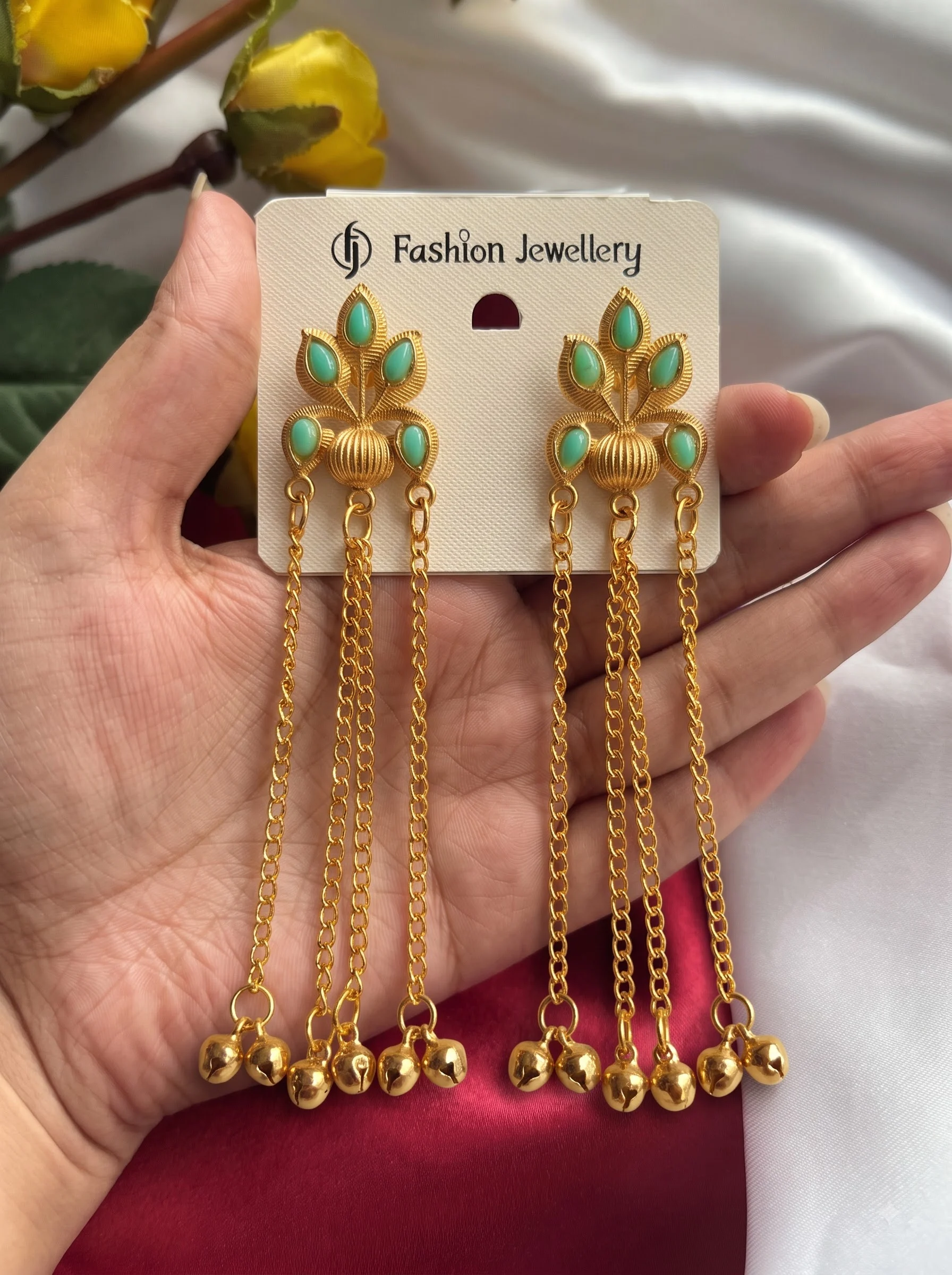Mint Blossom Cascade Chain Earrings - Image 4