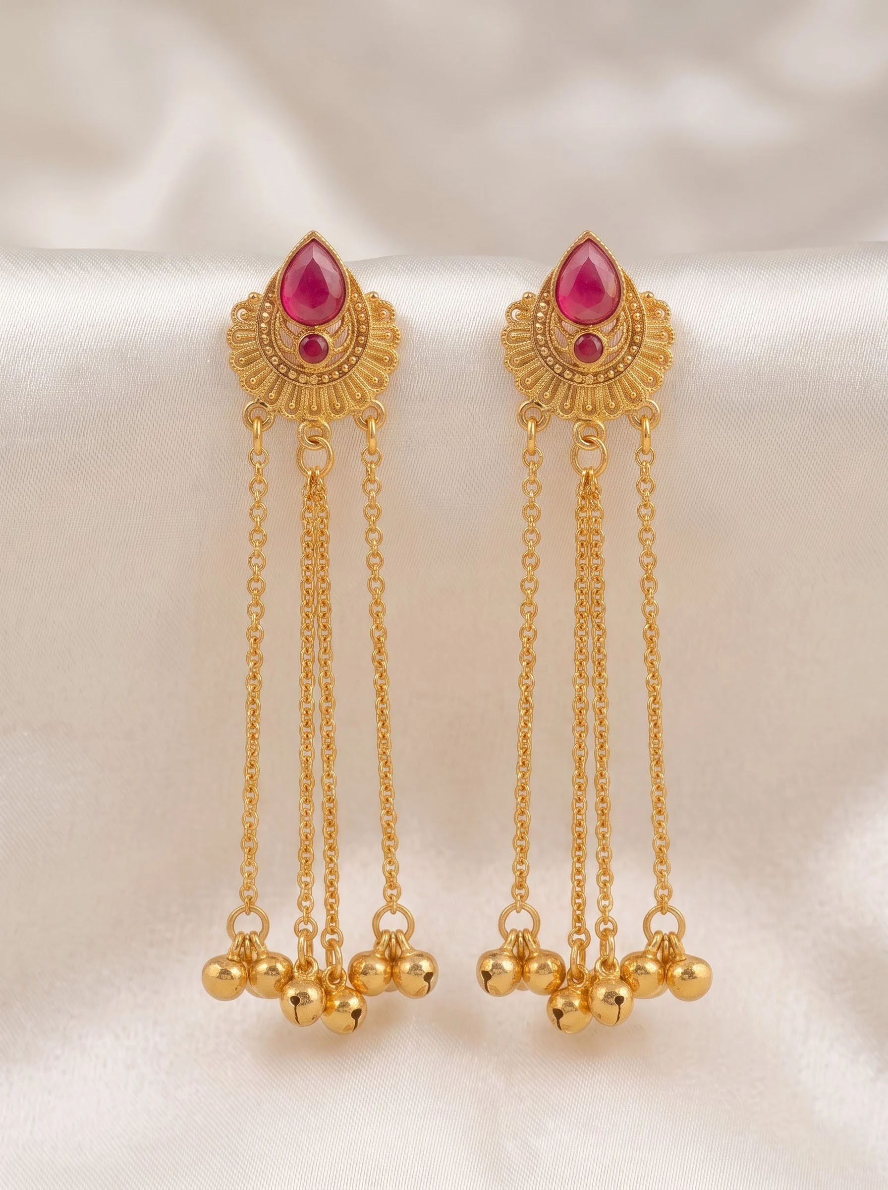 Pink Ghungroo Chain Drop Earrings