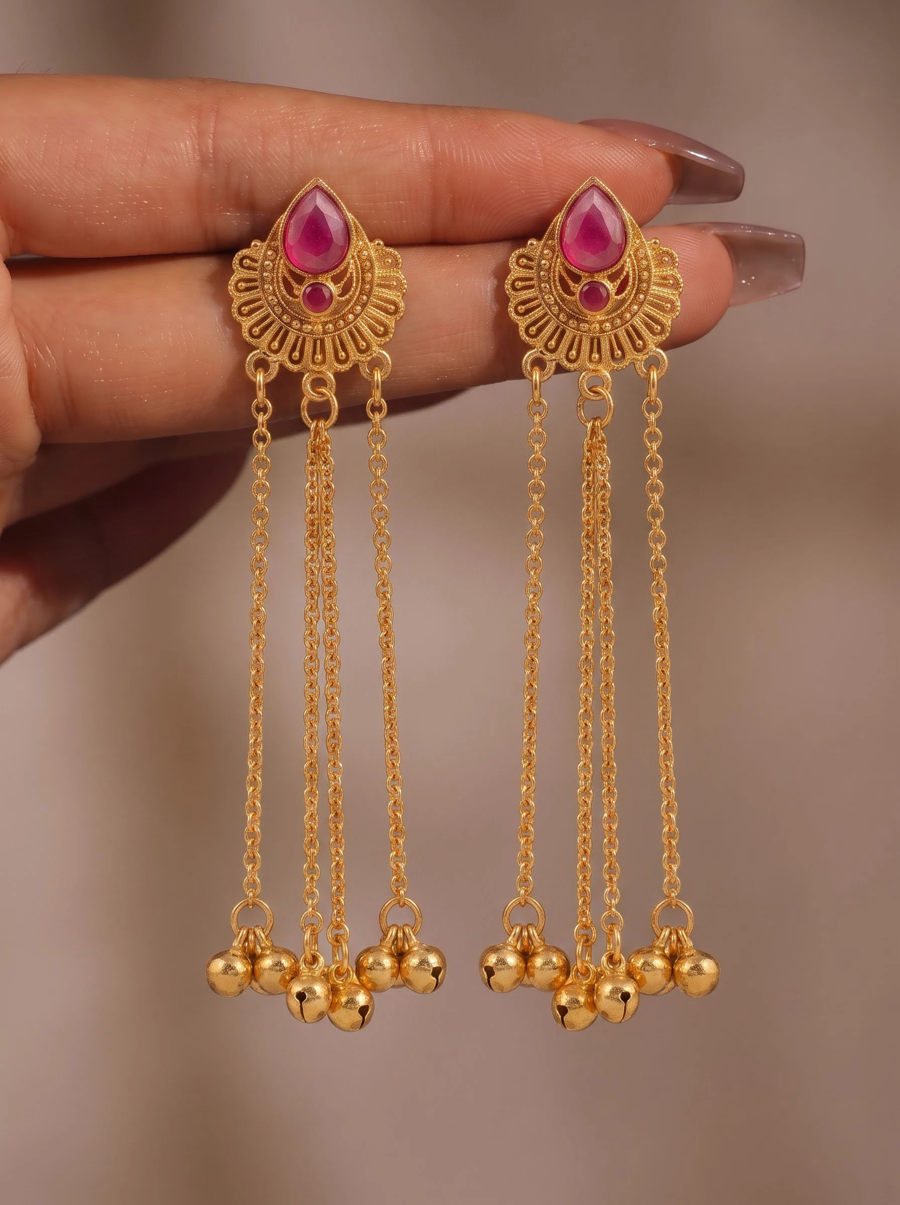 Pink Ghungroo Chain Drop Earrings - Image 4