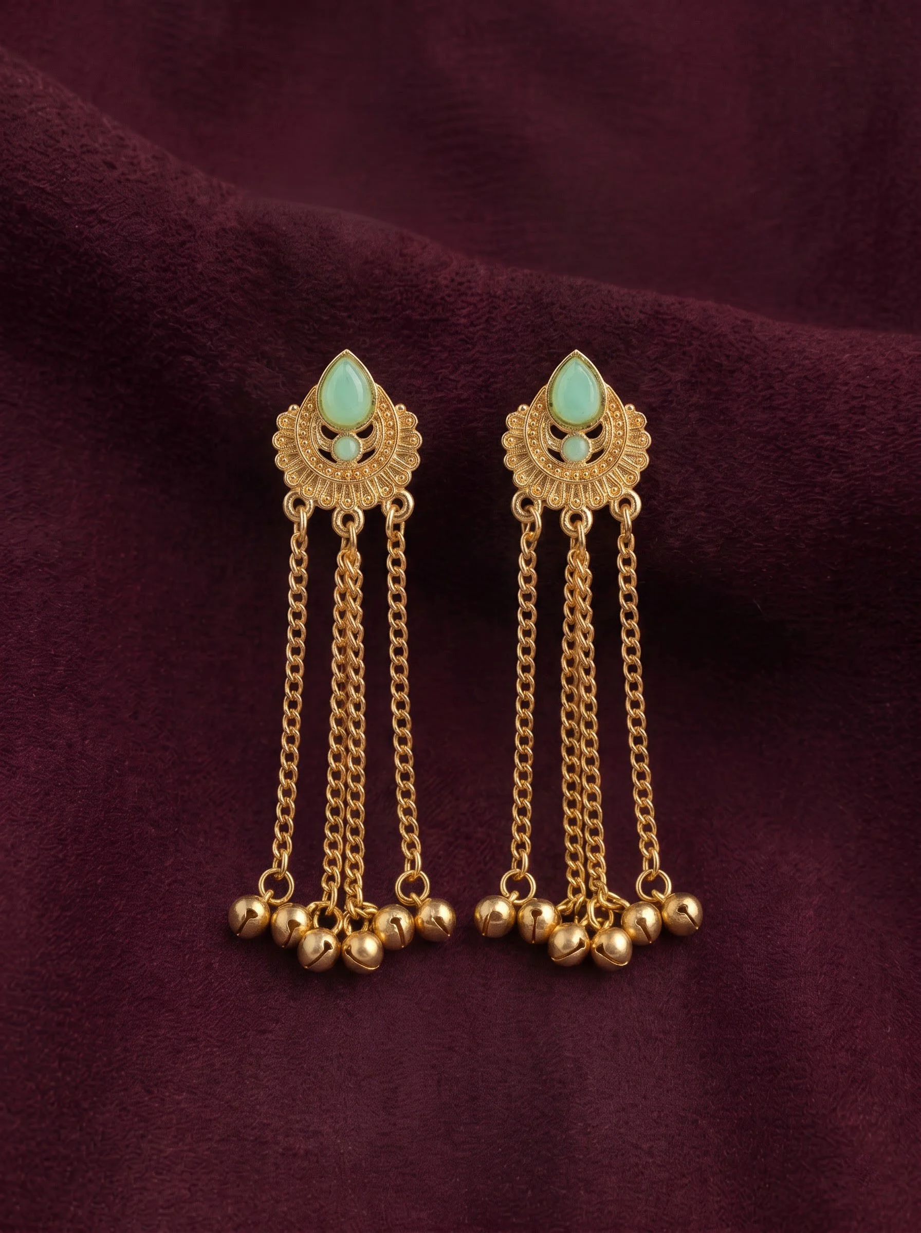 Mint Green Ghungroo Chain Earrings - Image 4