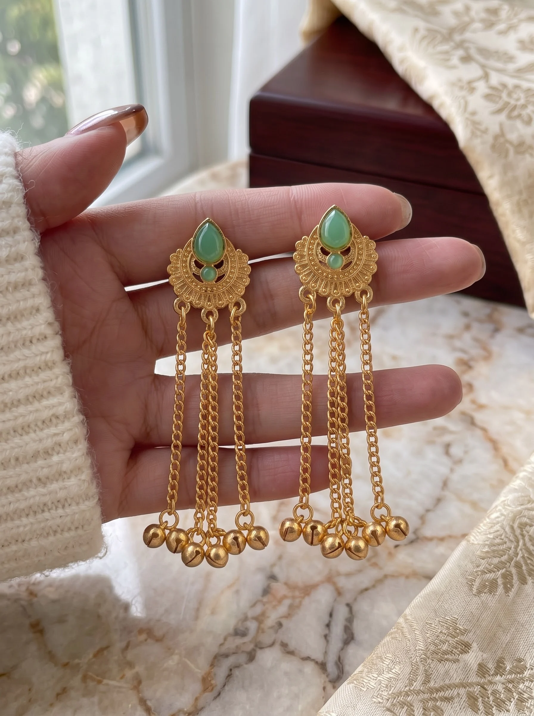Mint Green Ghungroo Chain Earrings - Image 3