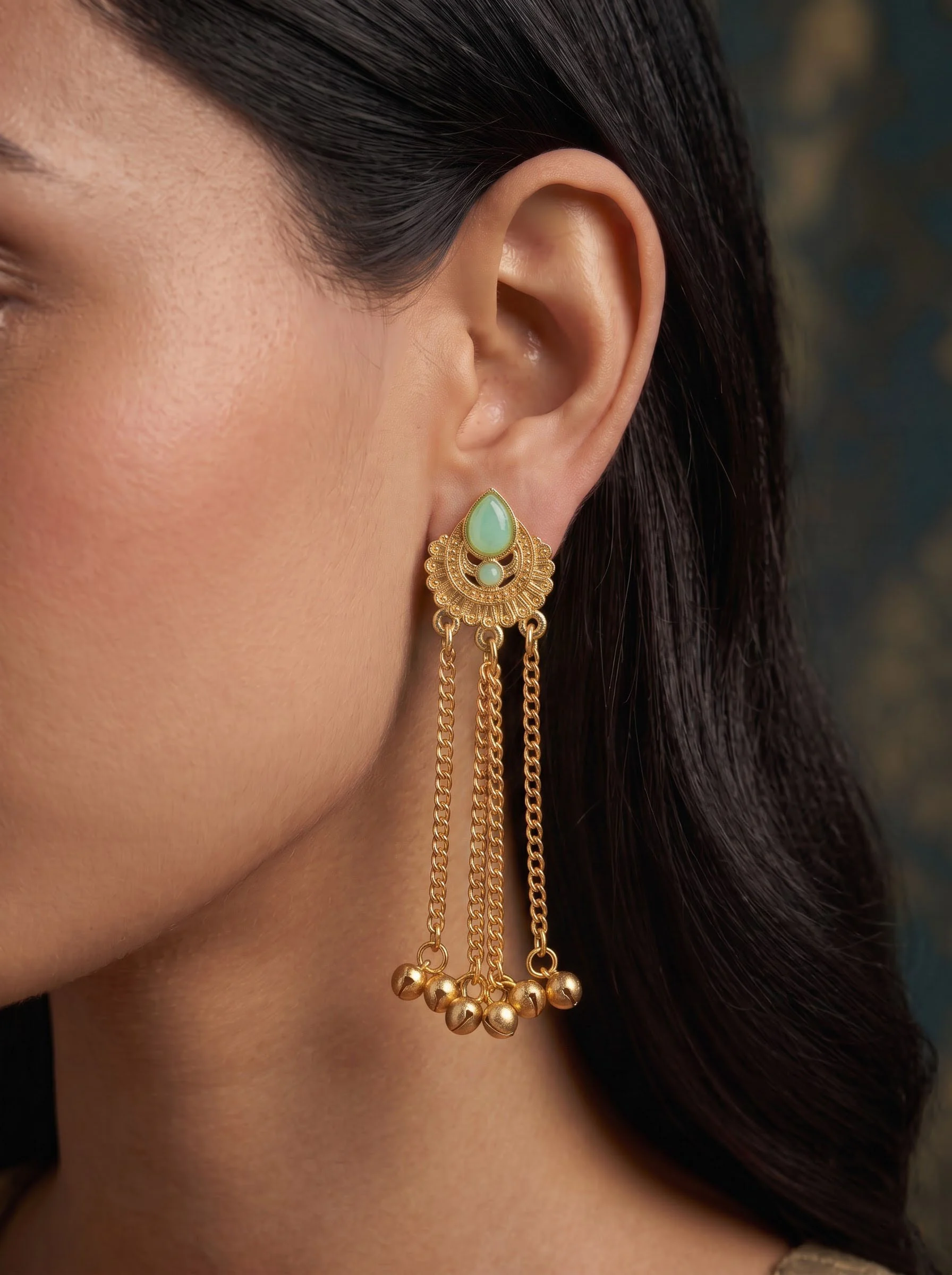 Mint Green Ghungroo Chain Earrings - Image 2