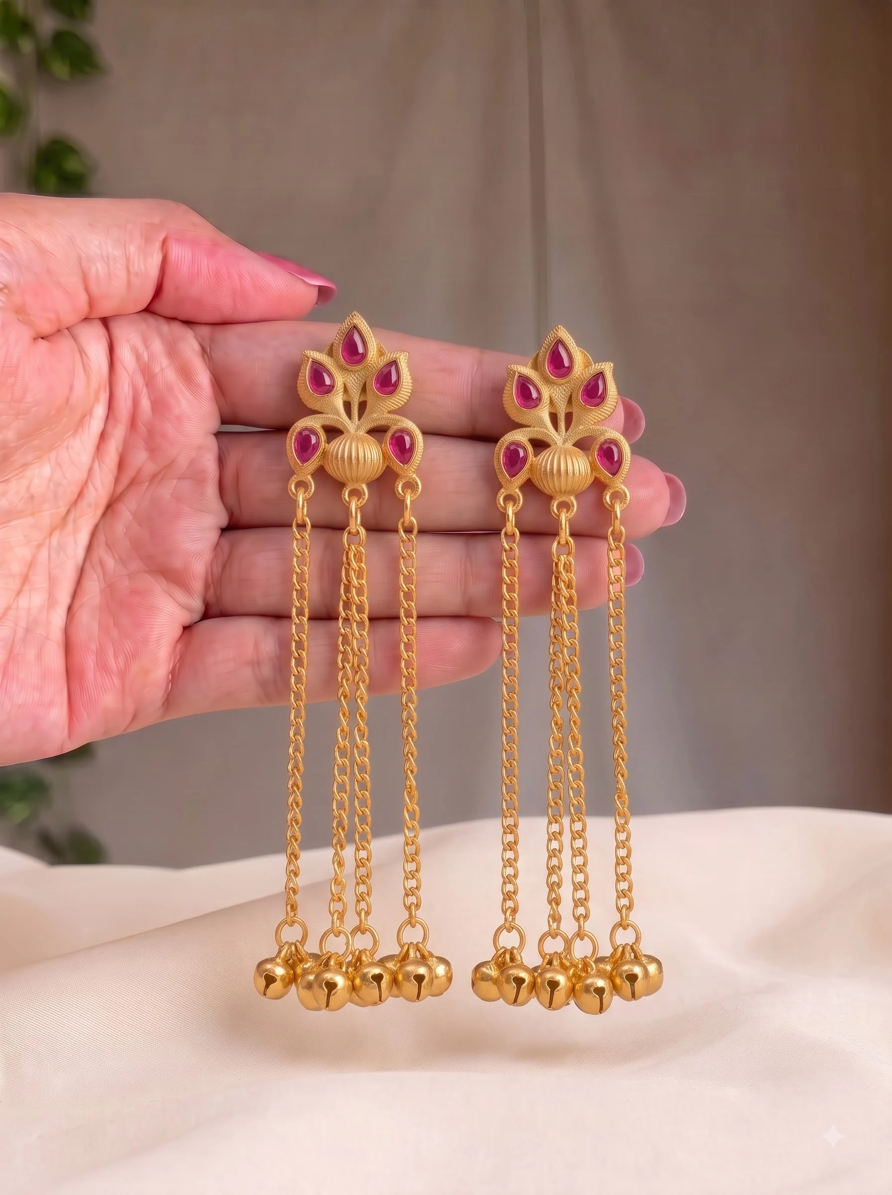 Ruby Petal Cascade Chain Earrings - Image 4