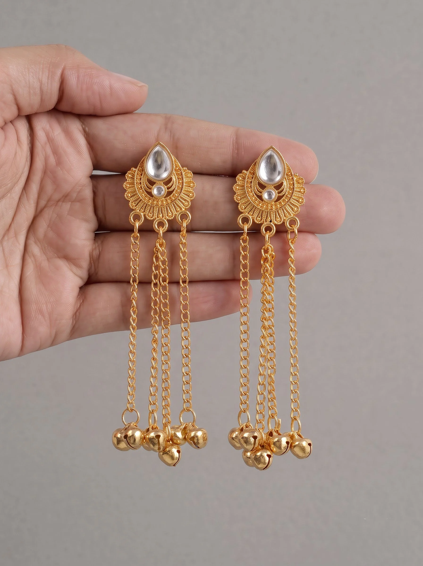 White Stone Ghungroo Chain Earrings - Image 2