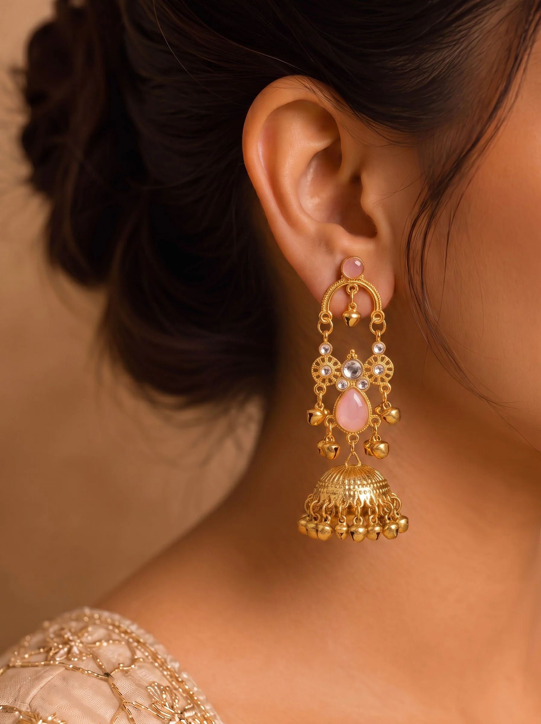 Pink Jhumka Drop Earrings - Image 3
