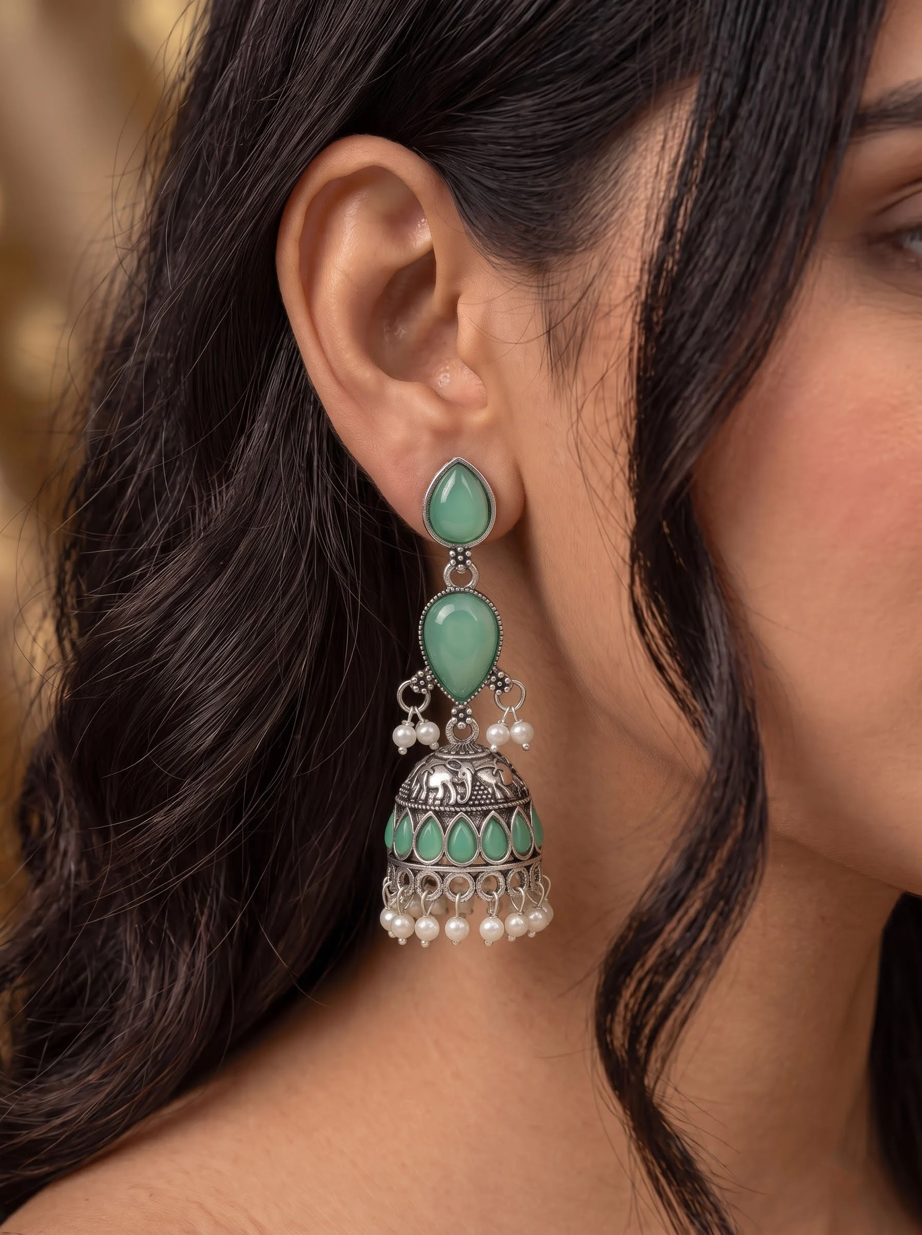 Mint Grace Jhumka Earrings - Image 4